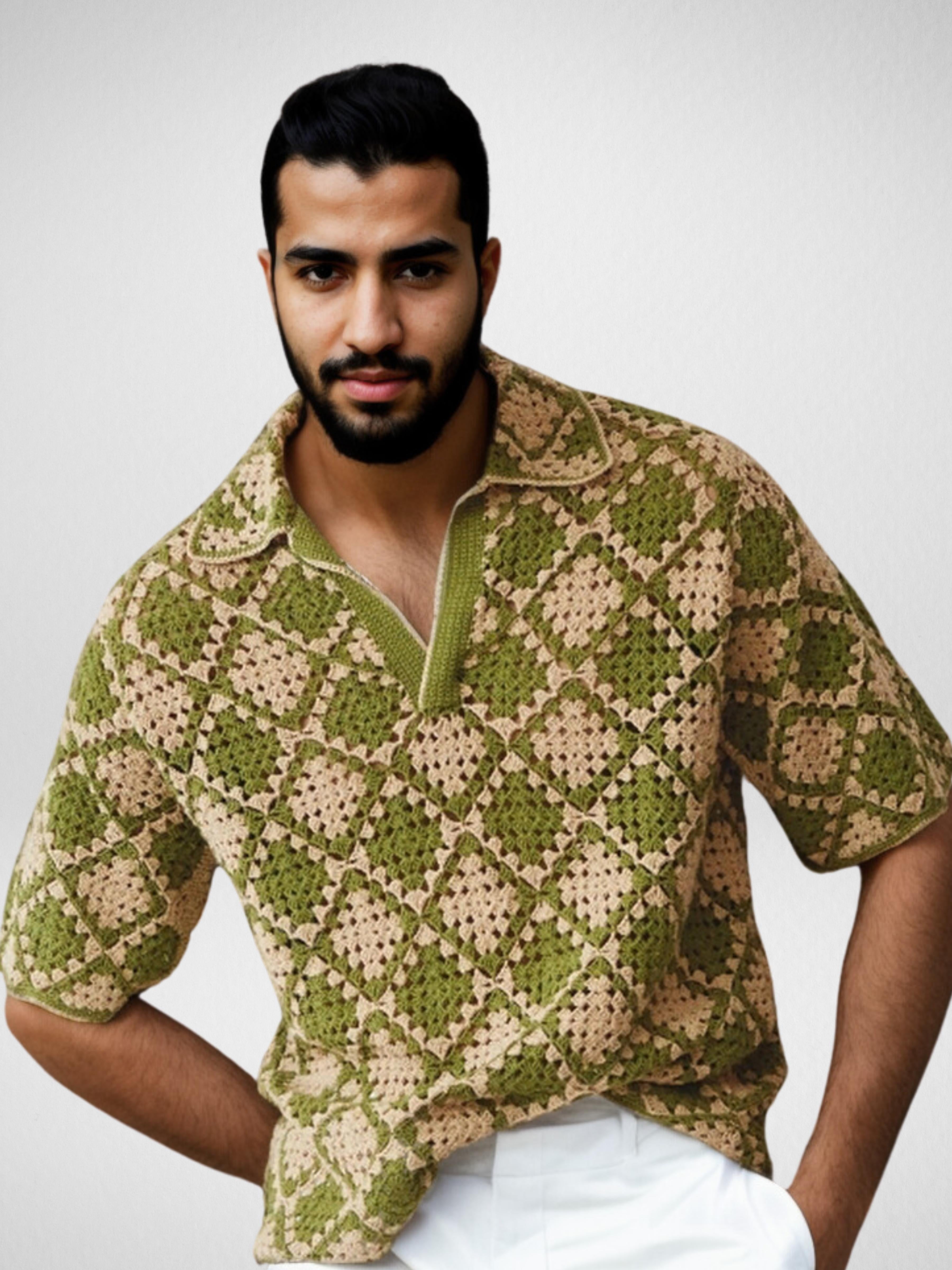 Handmade crochet Retro Geometric Shore-Sleeve Shirt by Mon Crochet
