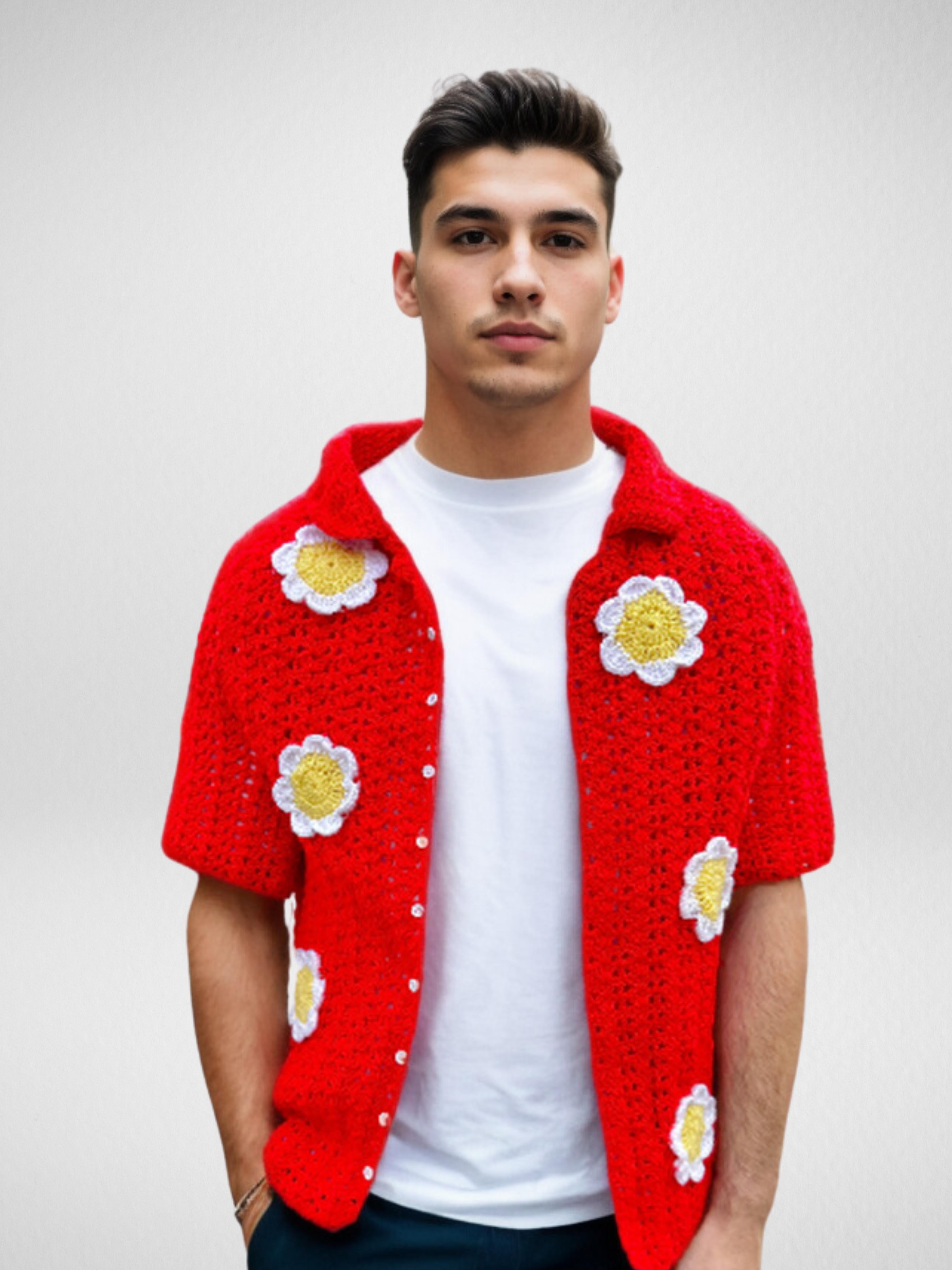 Handmade crochet Poppy Petal Button Up Short Sleeve Shirt by Mon Crochet