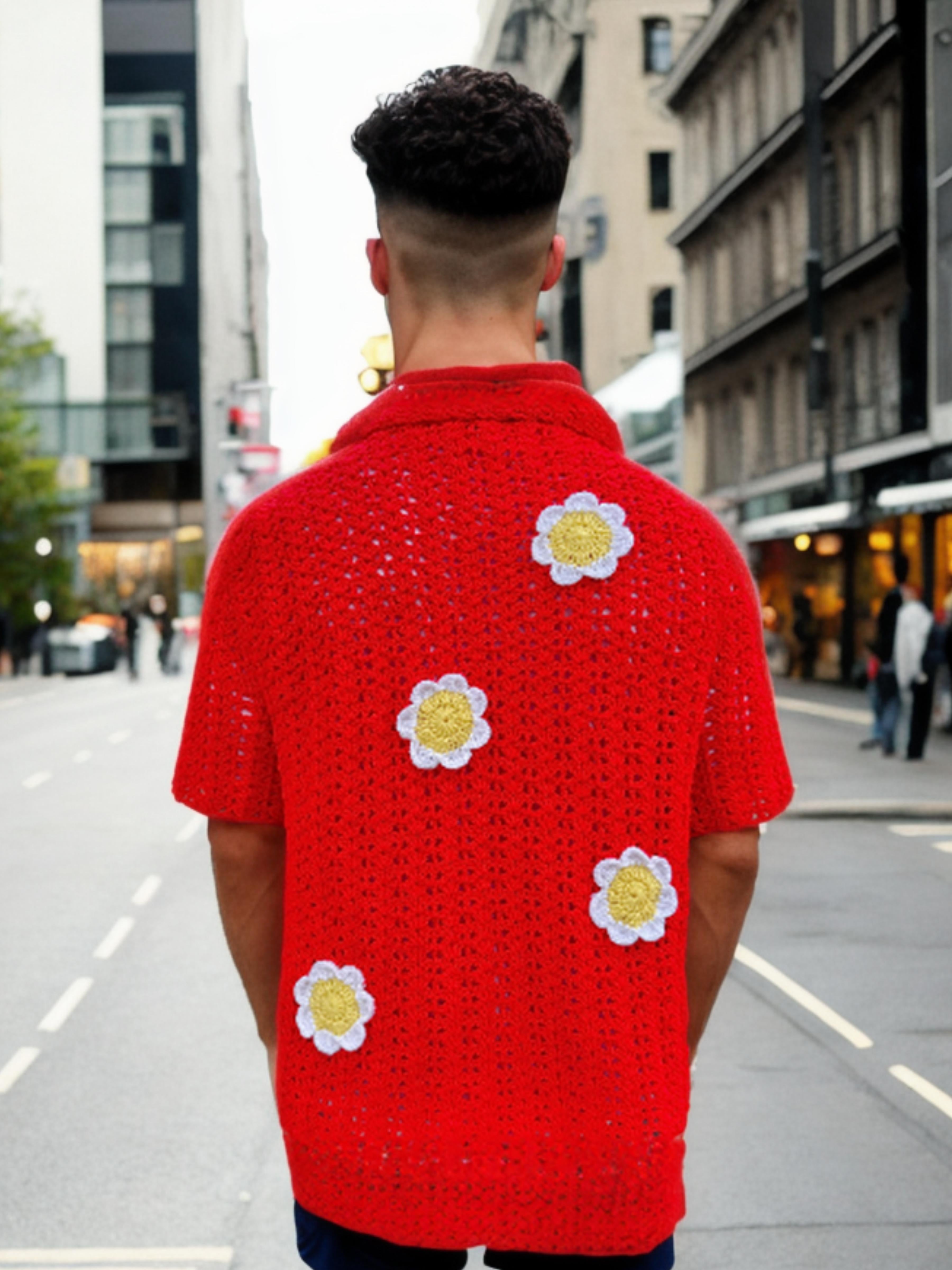 Handmade crochet Poppy Petal Button Up Short Sleeve Shirt by Mon Crochet