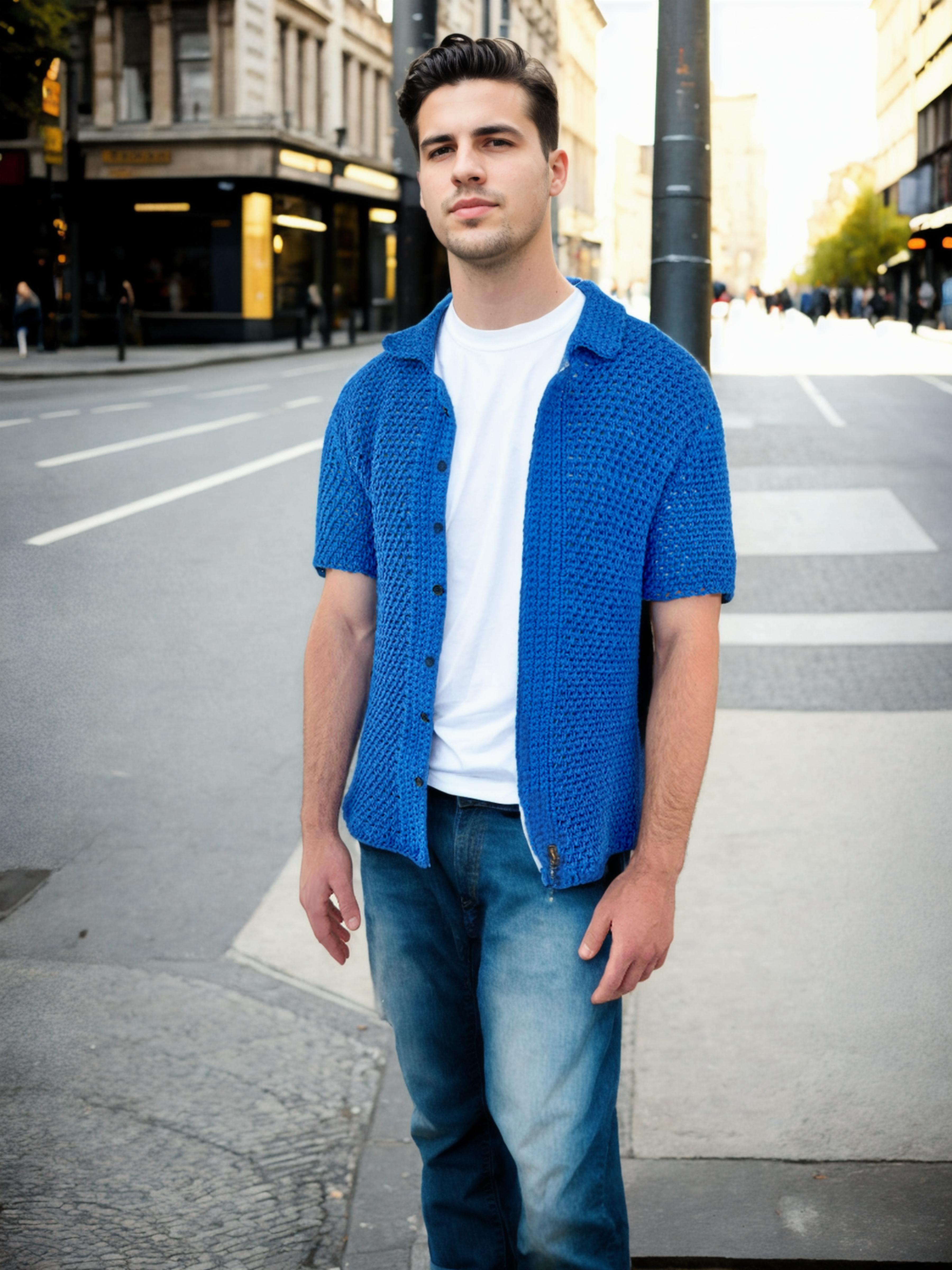 Handmade crochet Breezy Cobalt Button Up Short Sleeve Shirt by Mon Crochet