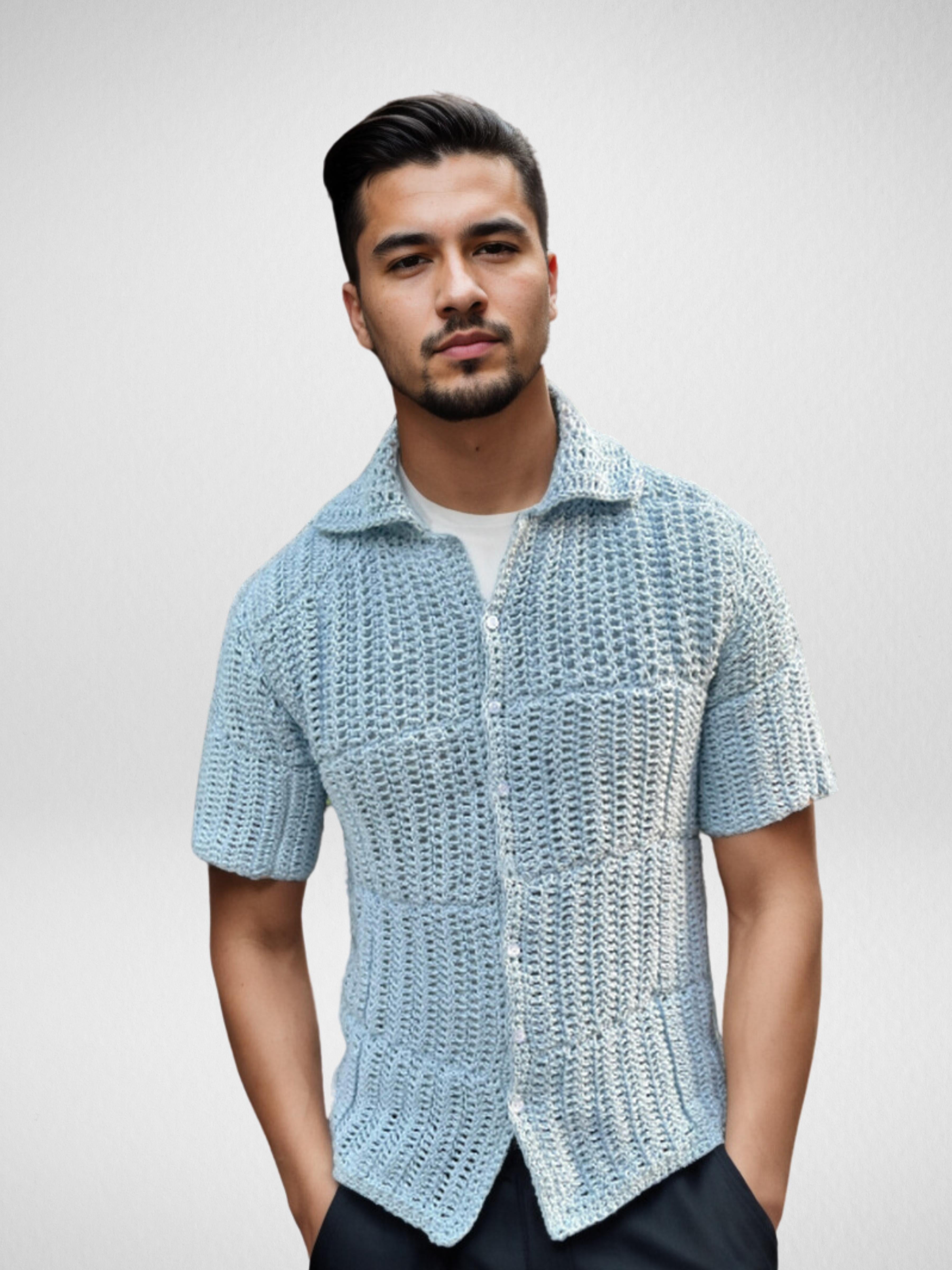 Handmade crochet Sky Tint Waves Button Up Short Sleeve Shirt by Mon Crochet