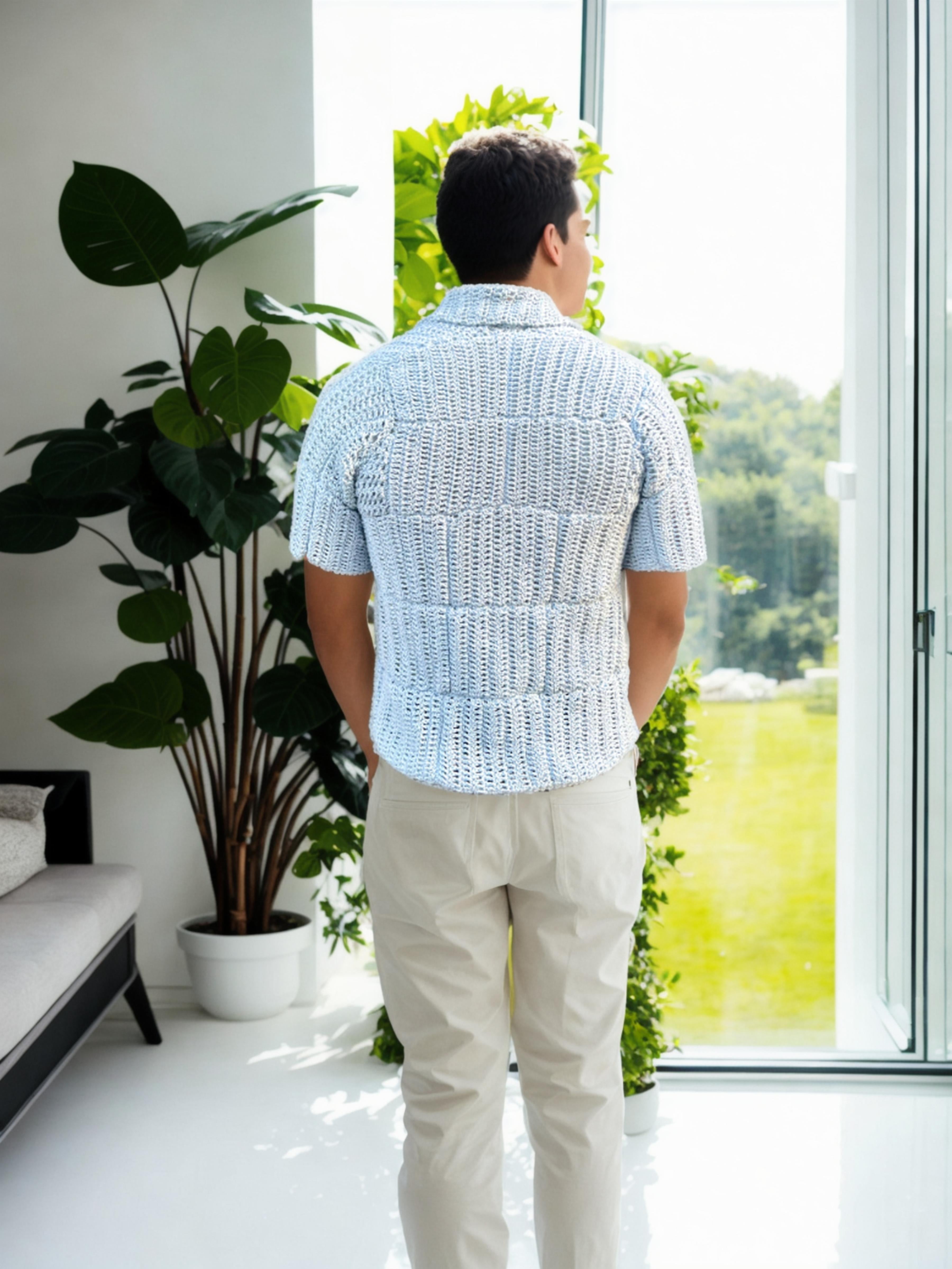 Handmade crochet Sky Tint Waves Button Up Short Sleeve Shirt by Mon Crochet