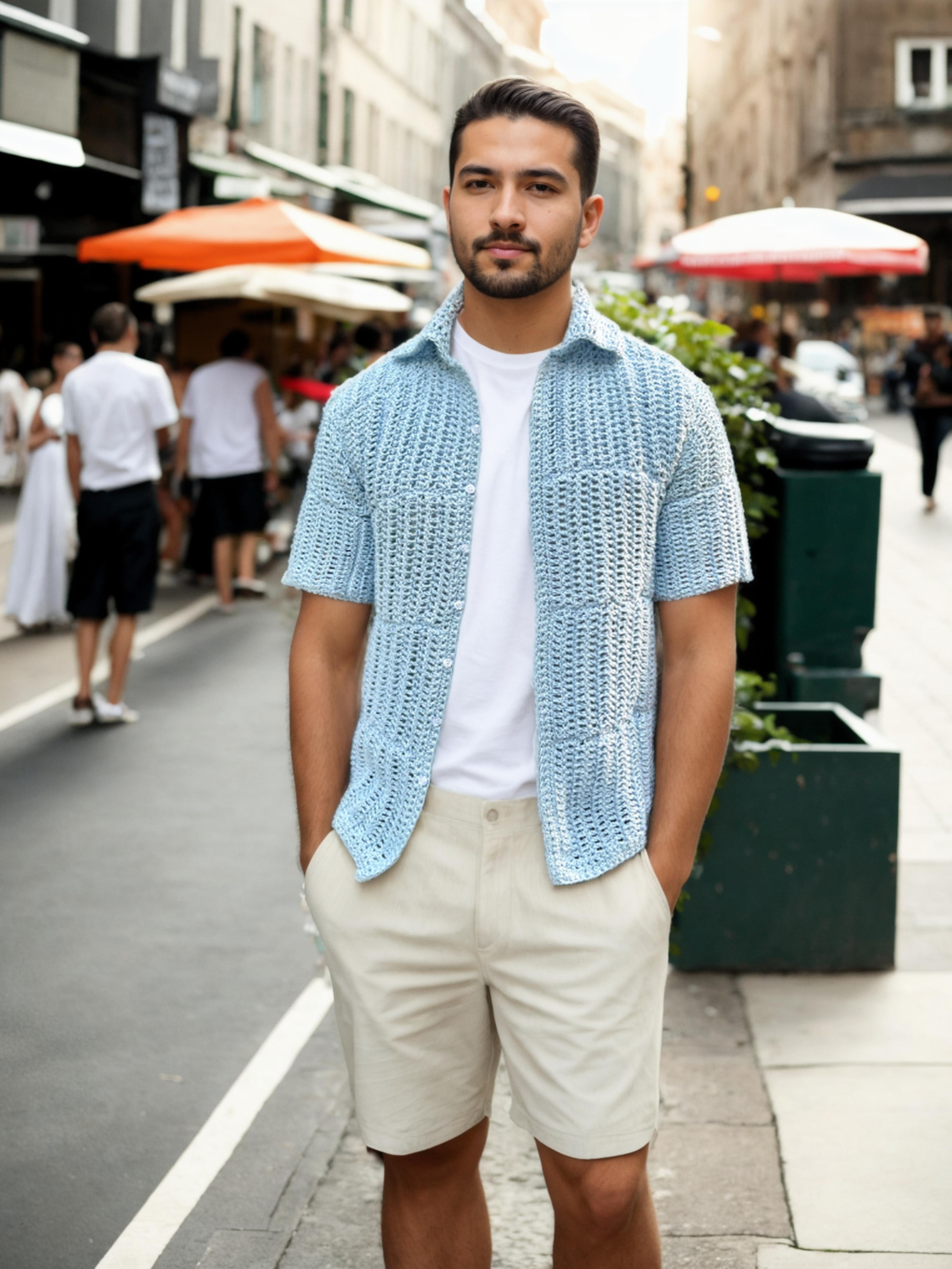 Handmade crochet Sky Tint Waves Button Up Short Sleeve Shirt by Mon Crochet