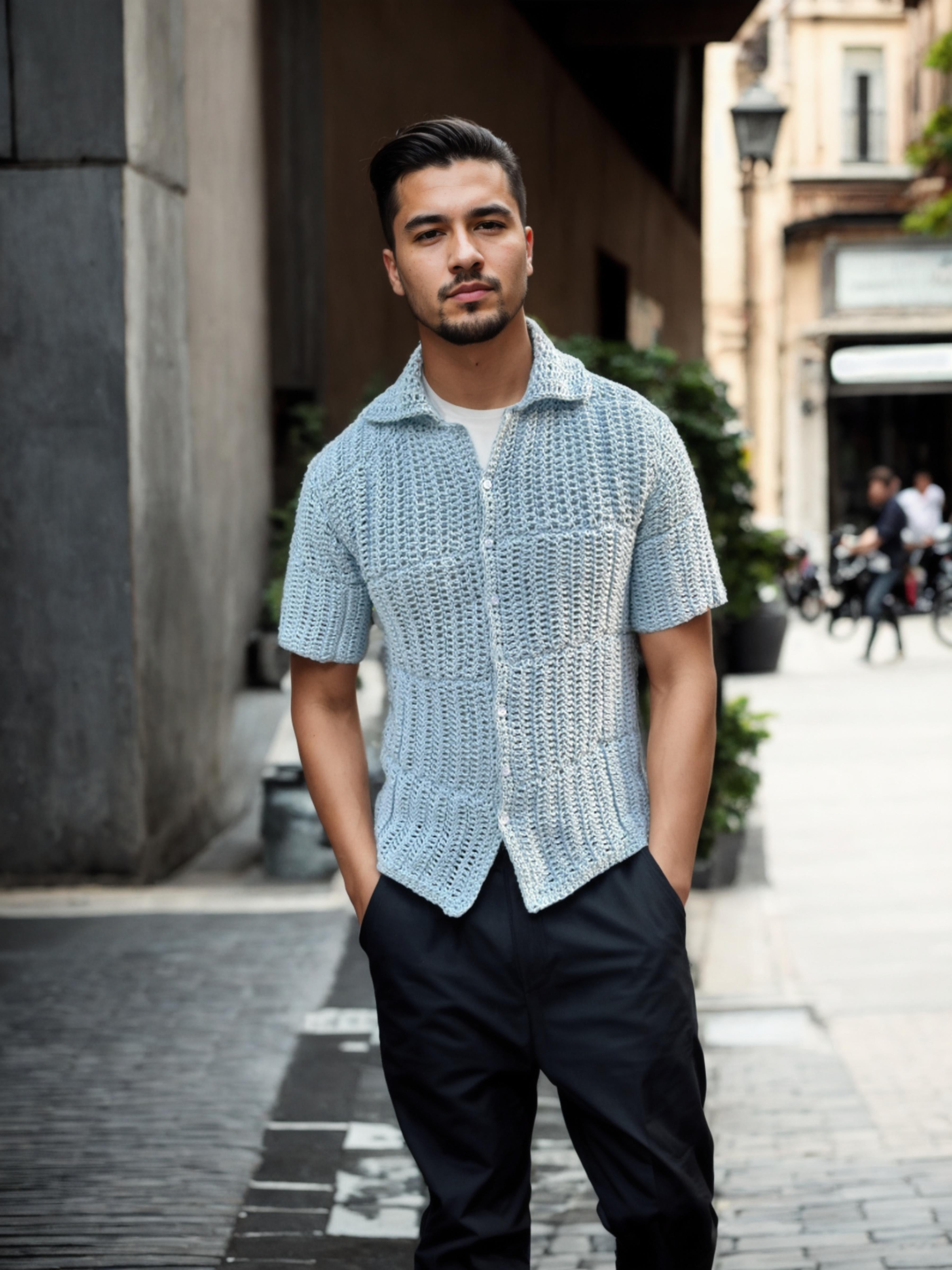 Handmade crochet Sky Tint Waves Button Up Short Sleeve Shirt by Mon Crochet