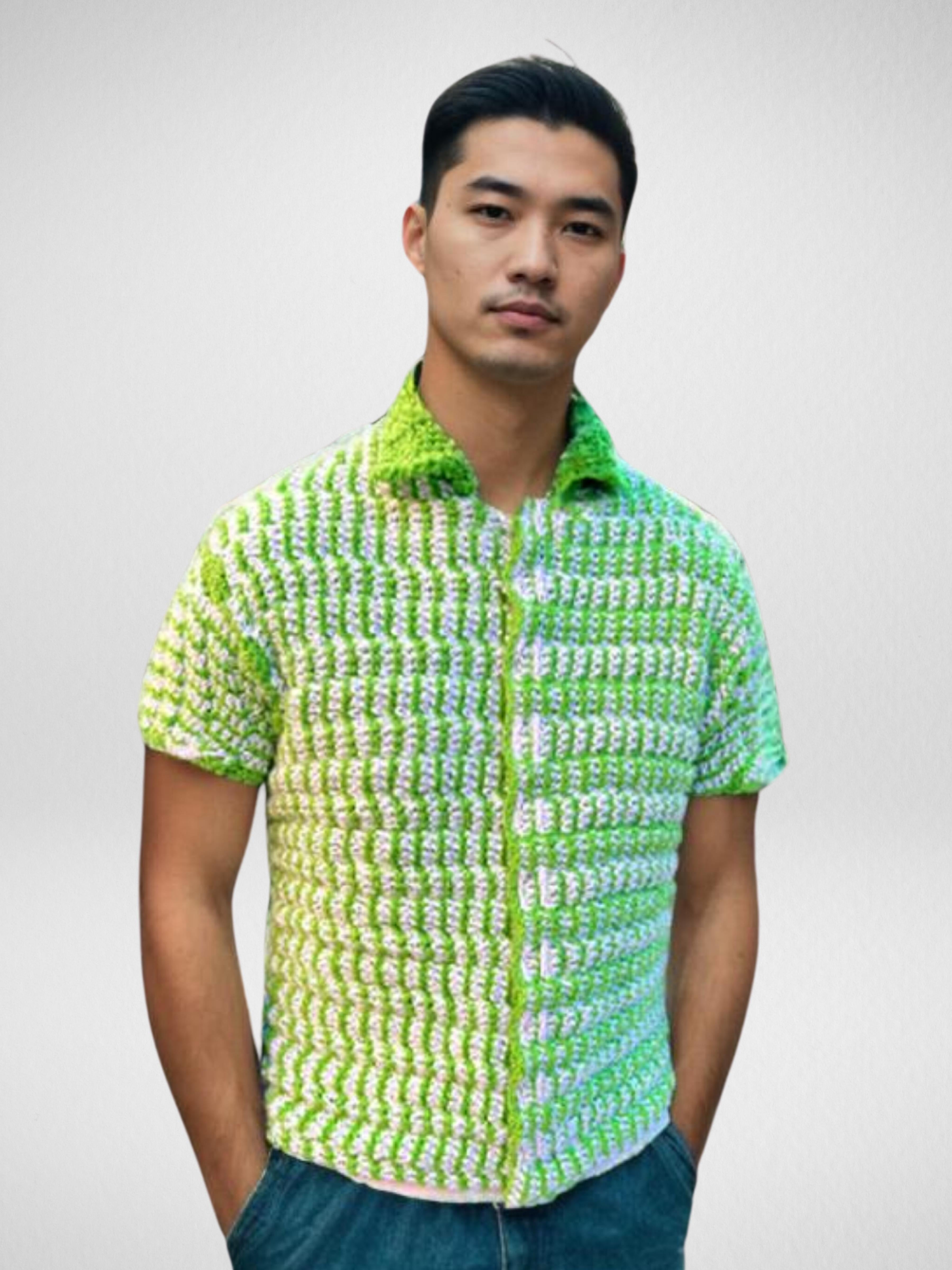 Handmade crochet Lime Twist Button Up Short Sleeve Shirt by Mon Crochet