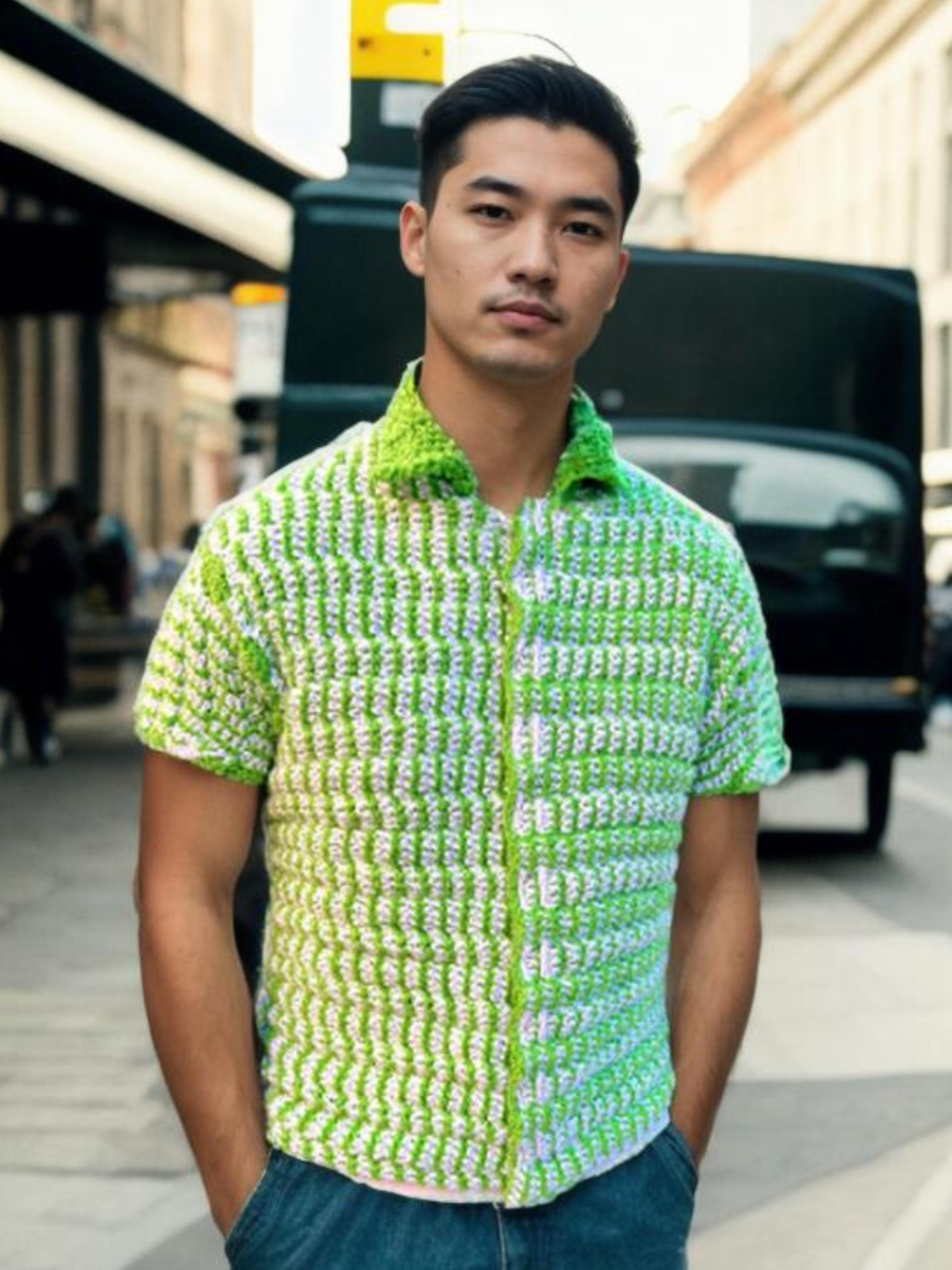 Handmade crochet Lime Twist Button Up Short Sleeve Shirt by Mon Crochet