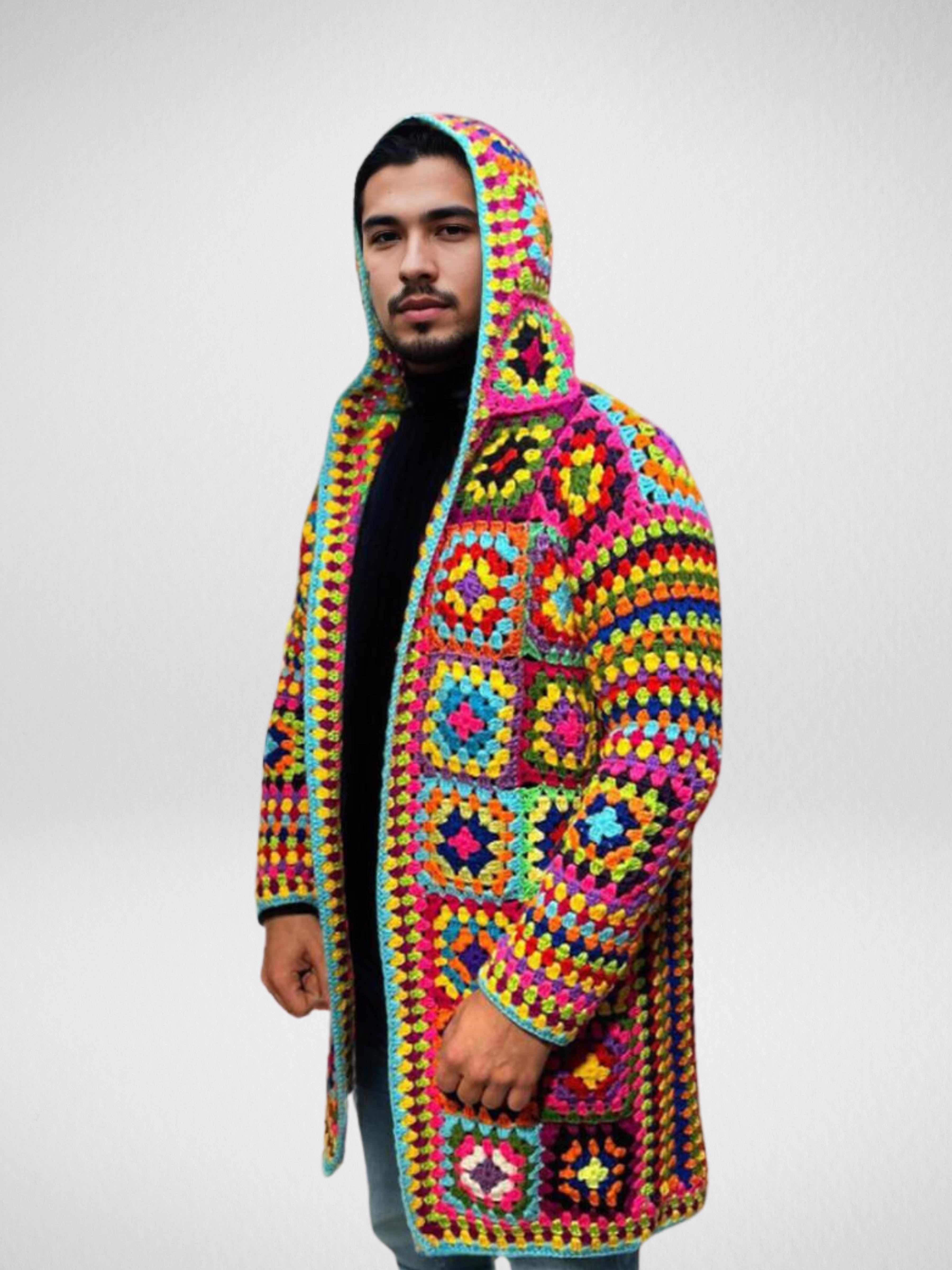 Handmade crochet Kaleidoscope Granny Square Hoodie Cardigan by Mon Crochet