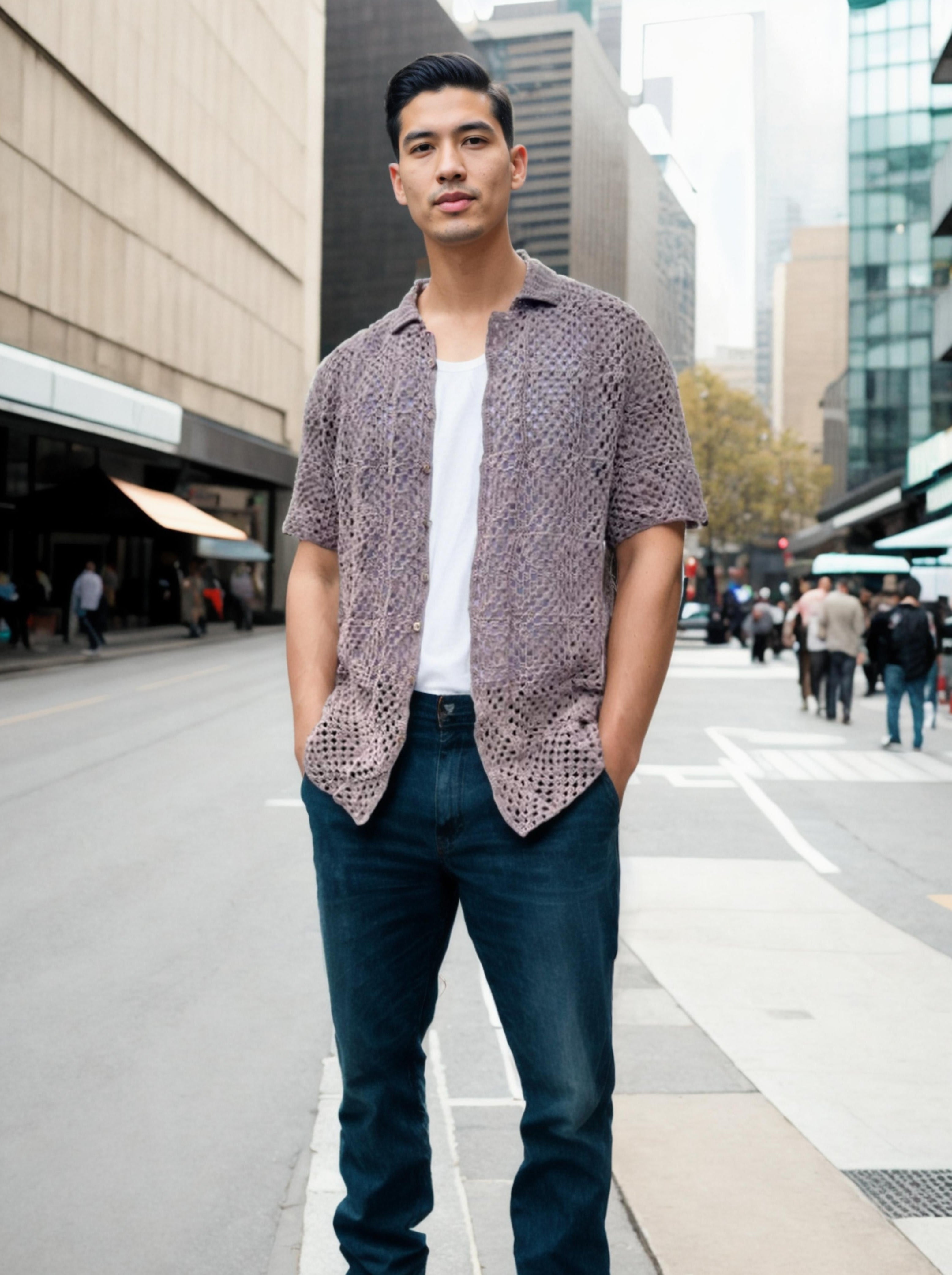 Handmade crochet Taupe Mesh Square Button Up Short Sleeve Shirt by Mon Crochet