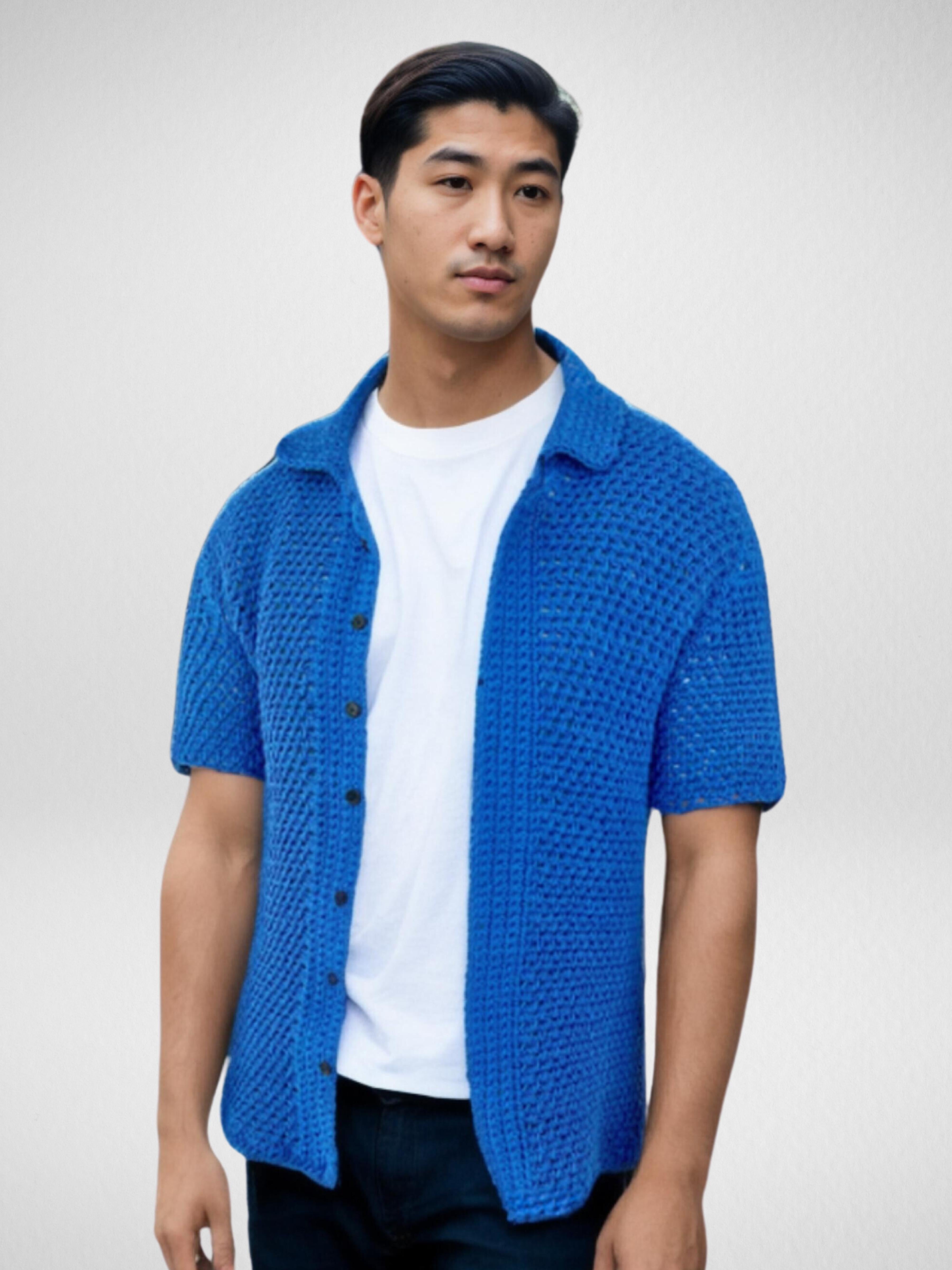 Handmade crochet Sapphire Stitch Button Up Short Sleeve Shirt by Mon Crochet