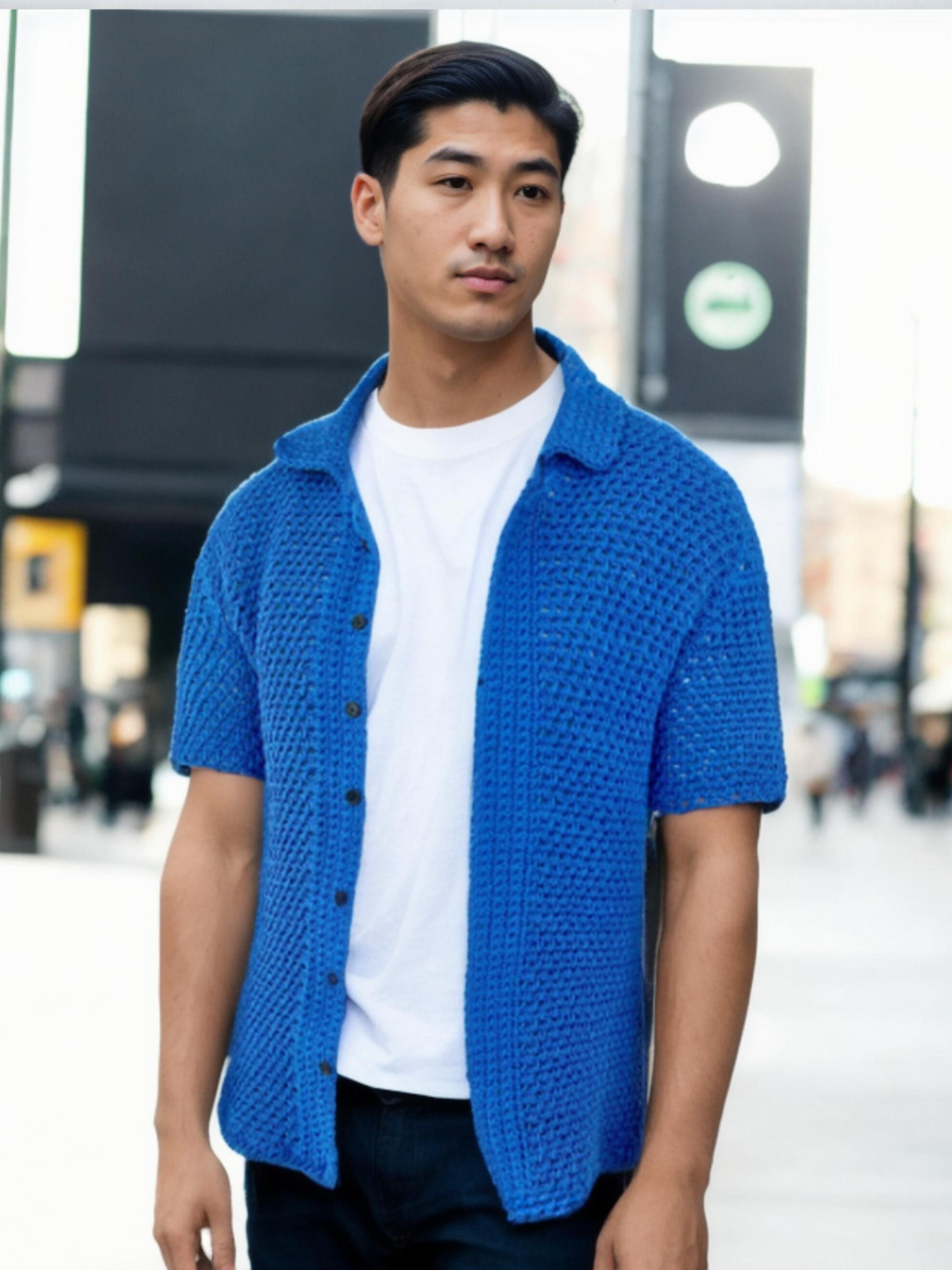 Handmade crochet Sapphire Stitch Button Up Short Sleeve Shirt by Mon Crochet