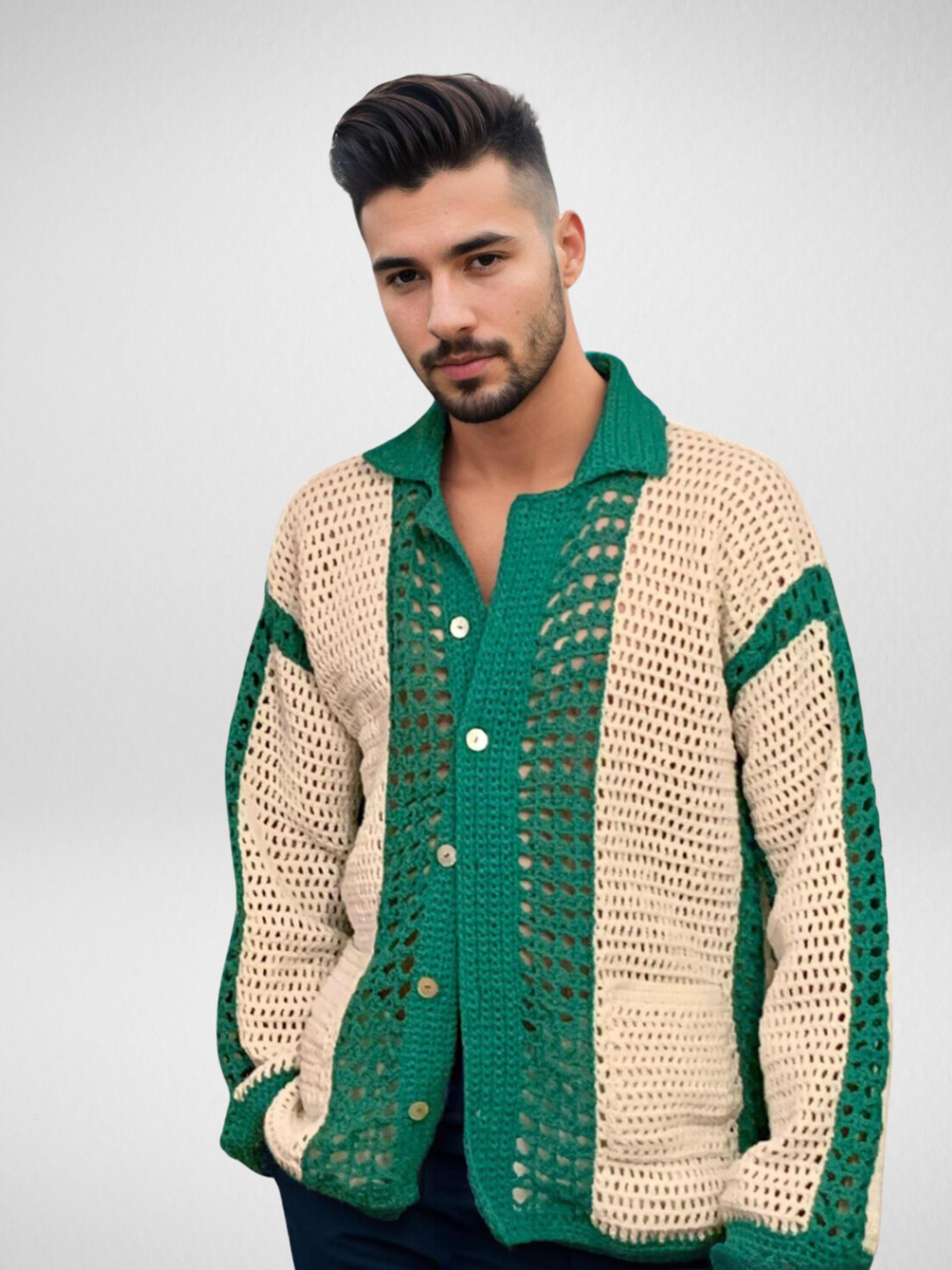 Handmade crochet Jade Mesh Stripes Button Up Long Sleeve Shirt by Mon Crochet