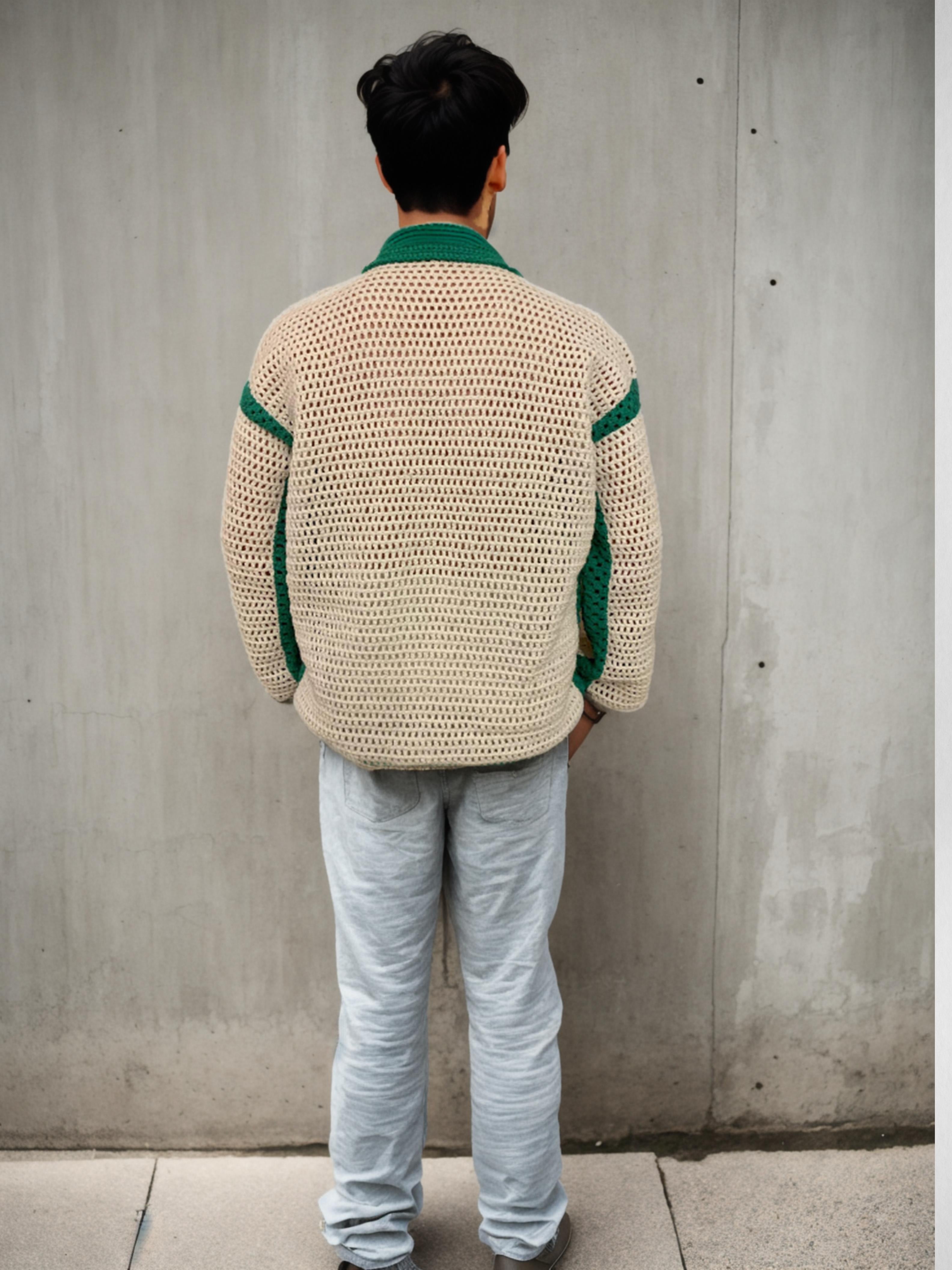 Handmade crochet Jade Mesh Stripes Button Up Long Sleeve Shirt by Mon Crochet