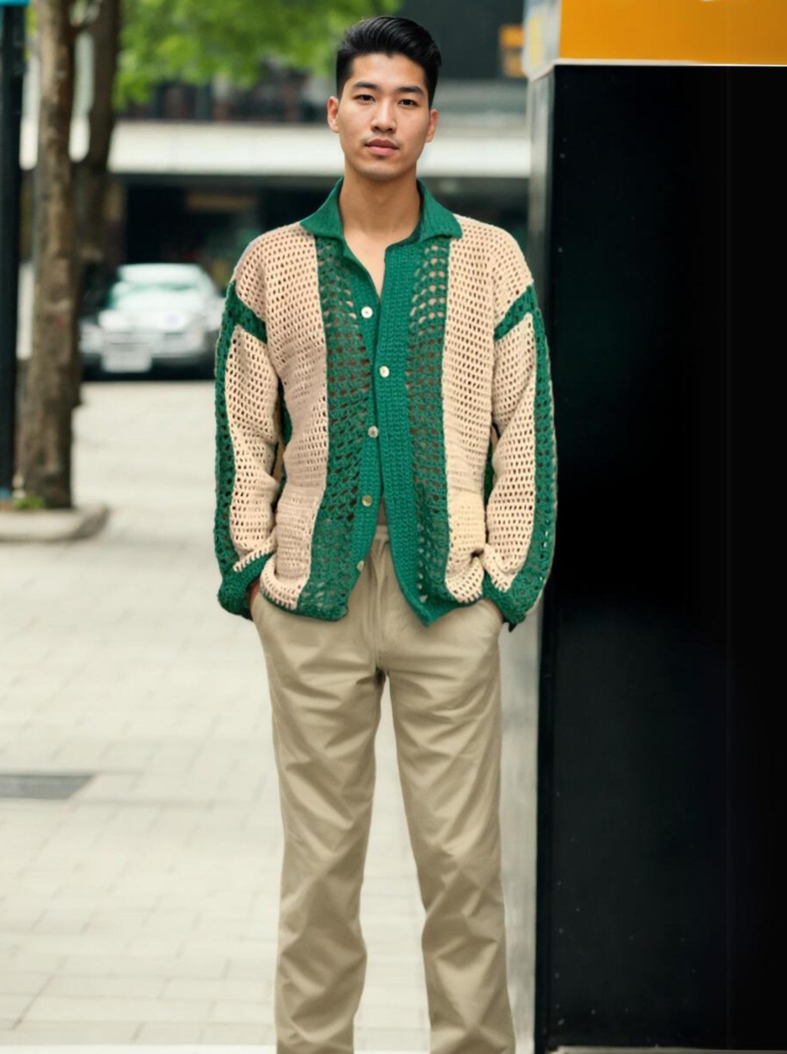 Handmade crochet Jade Mesh Stripes Button Up Long Sleeve Shirt by Mon Crochet