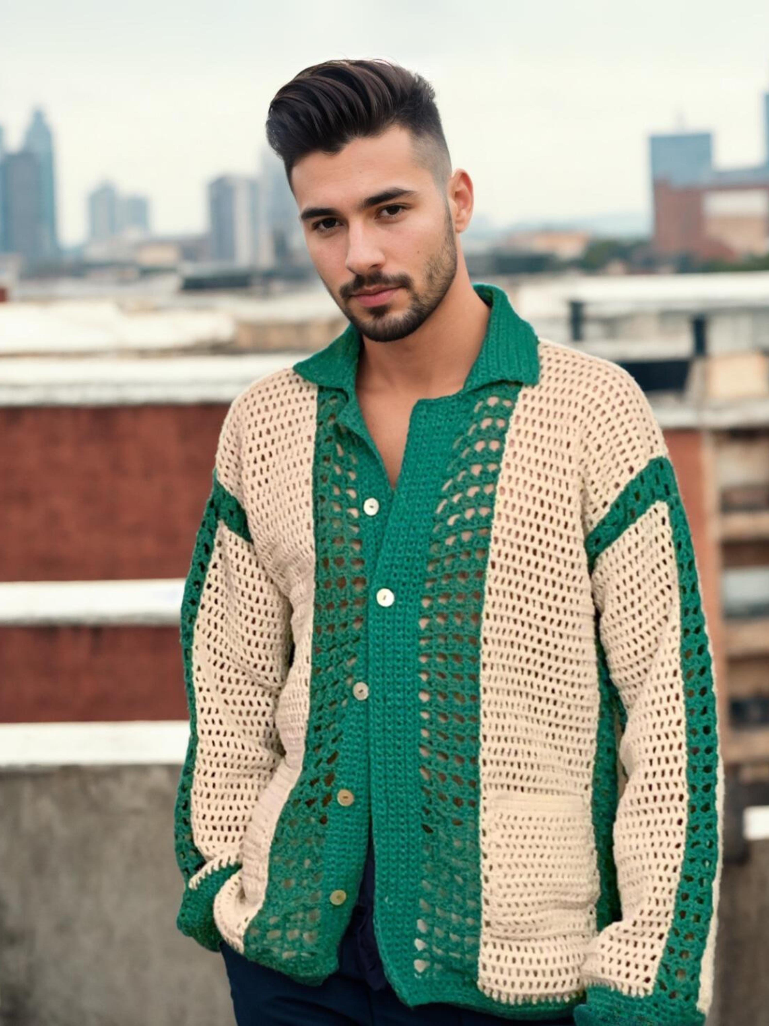 Handmade crochet Jade Mesh Stripes Button Up Long Sleeve Shirt by Mon Crochet