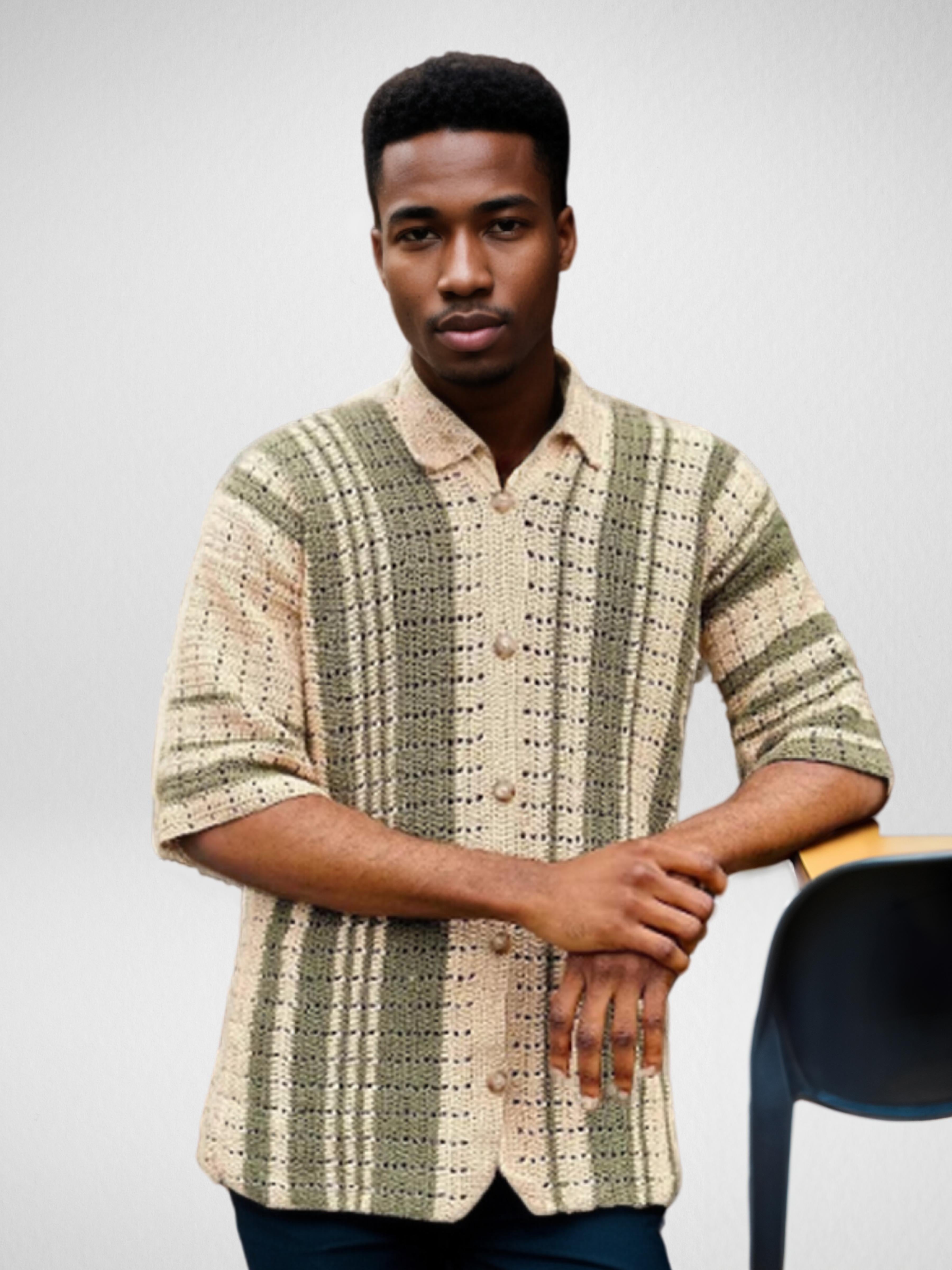 Handmade crochet Olive Stripes Button Up Short Sleeve Shirt by Mon Crochet