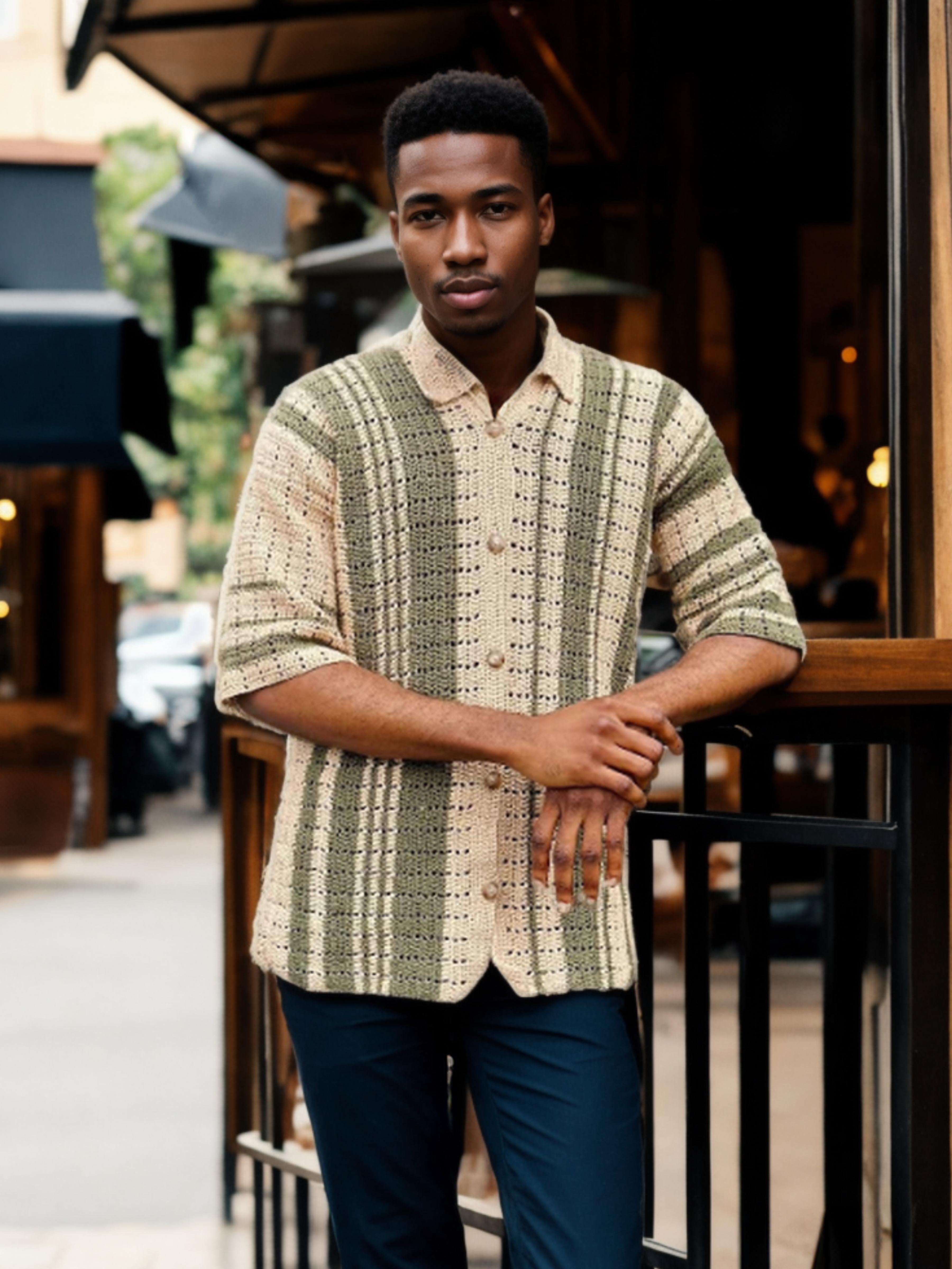 Handmade crochet Olive Stripes Button Up Short Sleeve Shirt by Mon Crochet