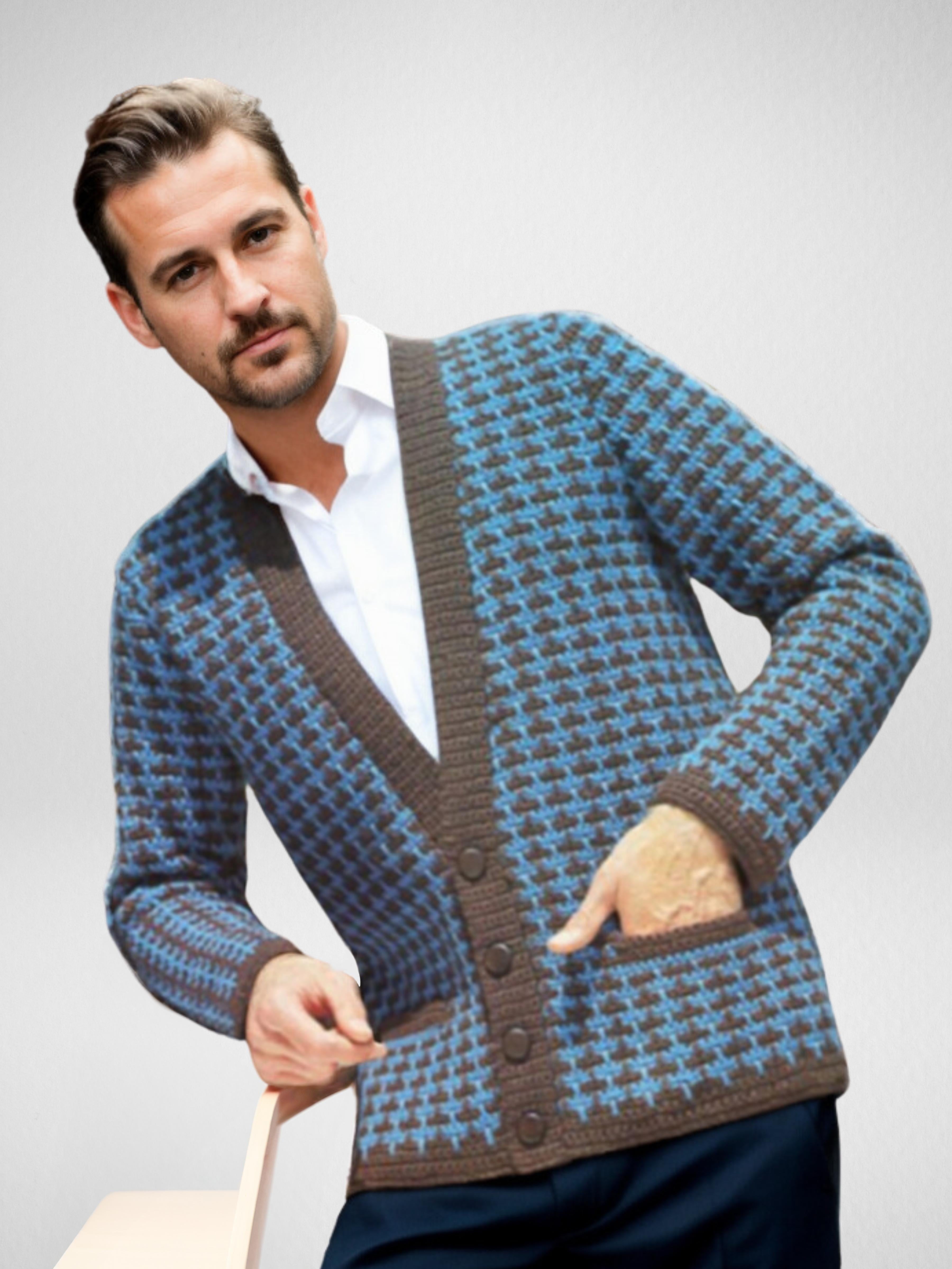 Handmade crochet Blue Squares Retro Sweater Cardigan by Mon Crochet