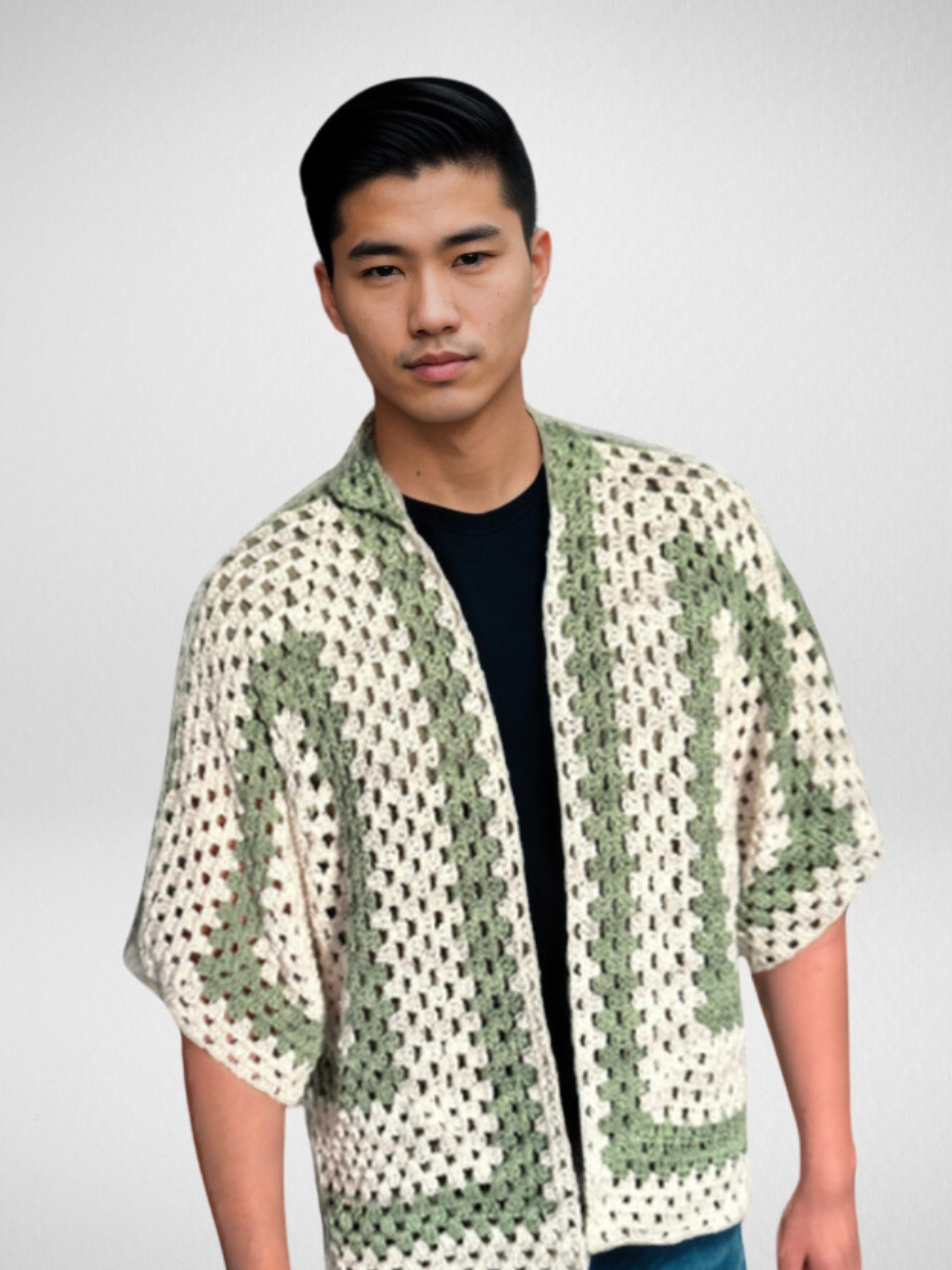 Handmade crochet Evergreen Granny Stitch Hexagon Button Up Short Sleeve Shirt by Mon Crochet