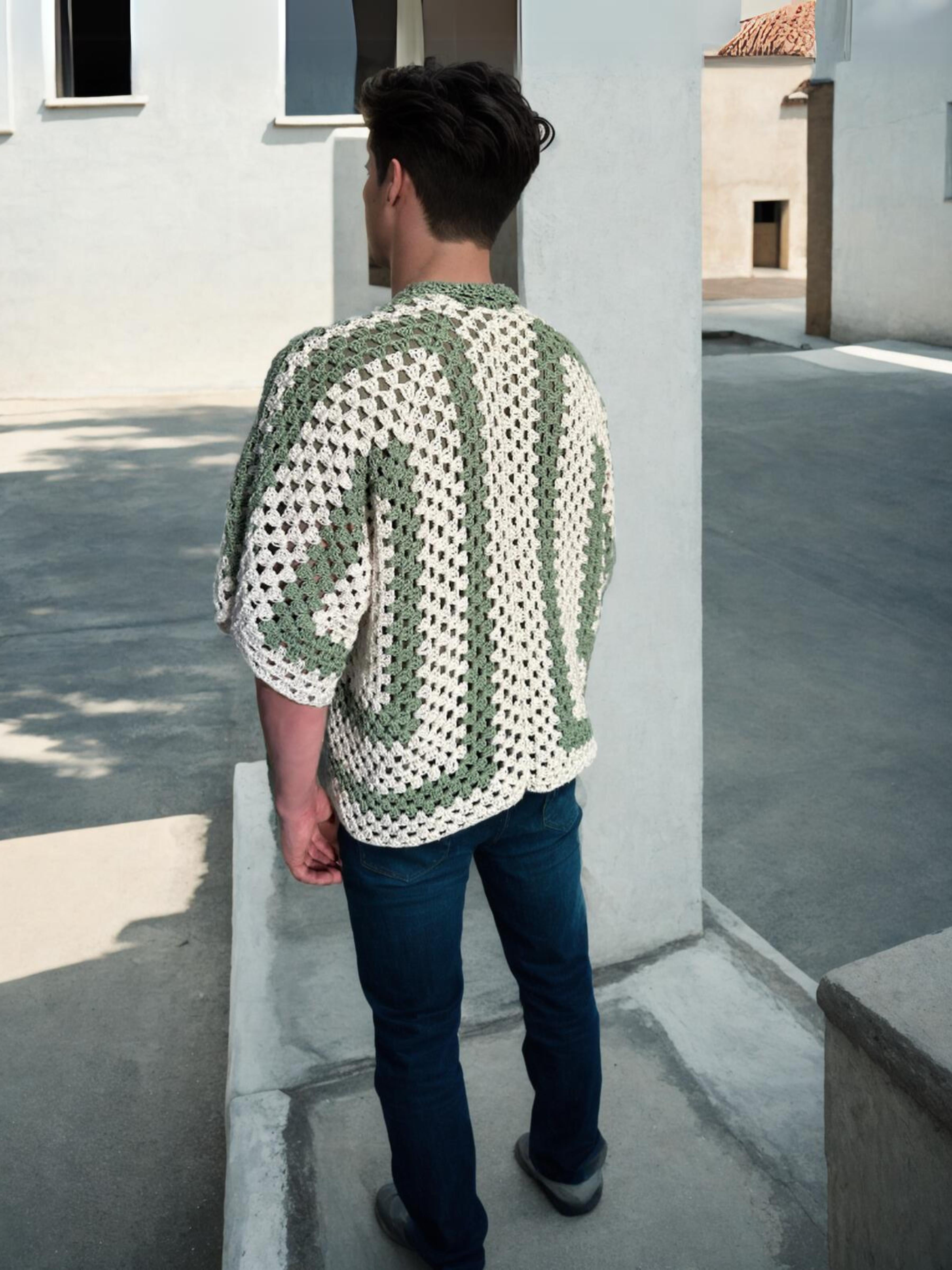 Handmade crochet Evergreen Granny Stitch Hexagon Button Up Short Sleeve Shirt by Mon Crochet