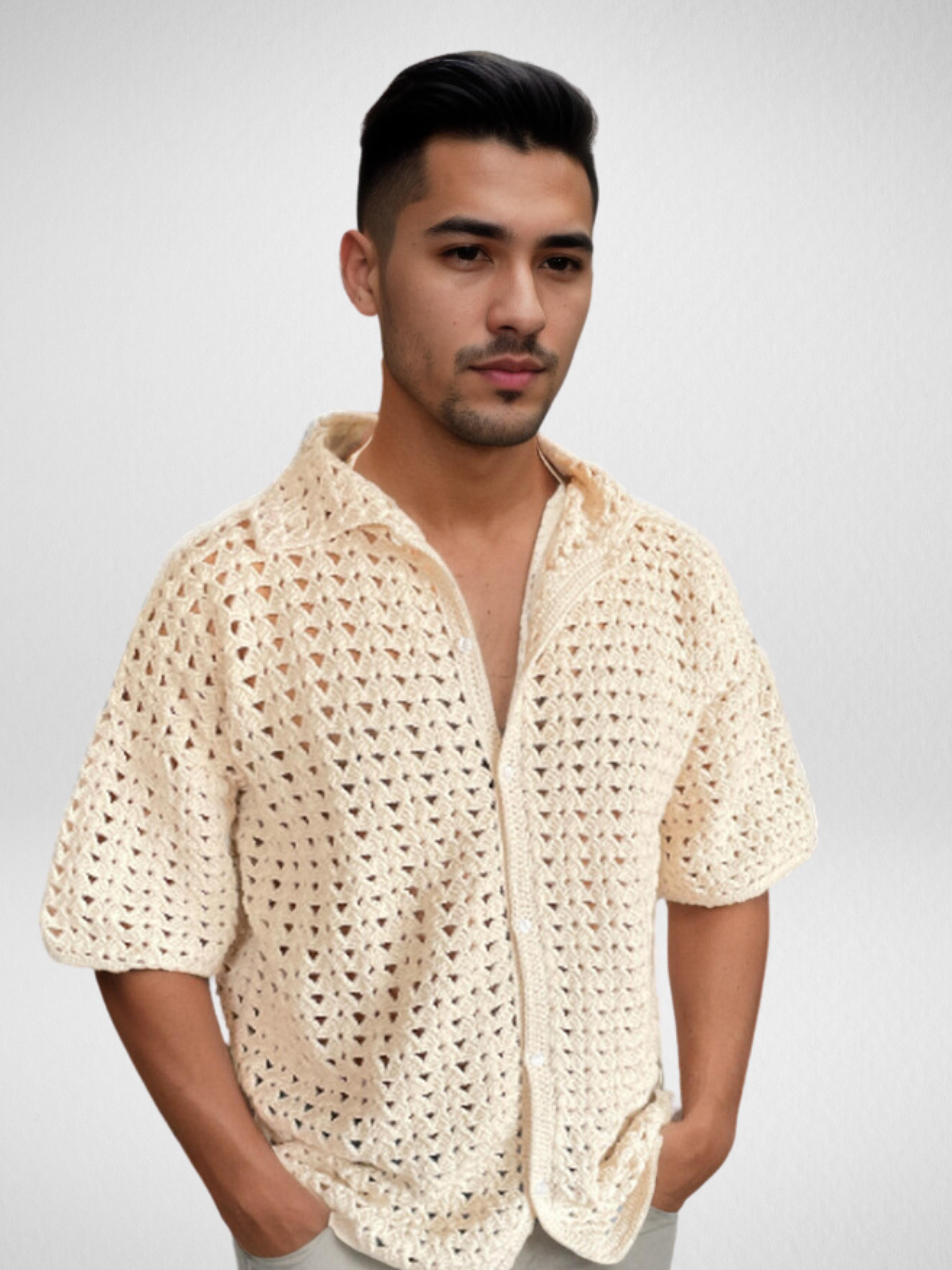 Handmade crochet Ivory Triangle Button Up Short Sleeve Shirt by Mon Crochet