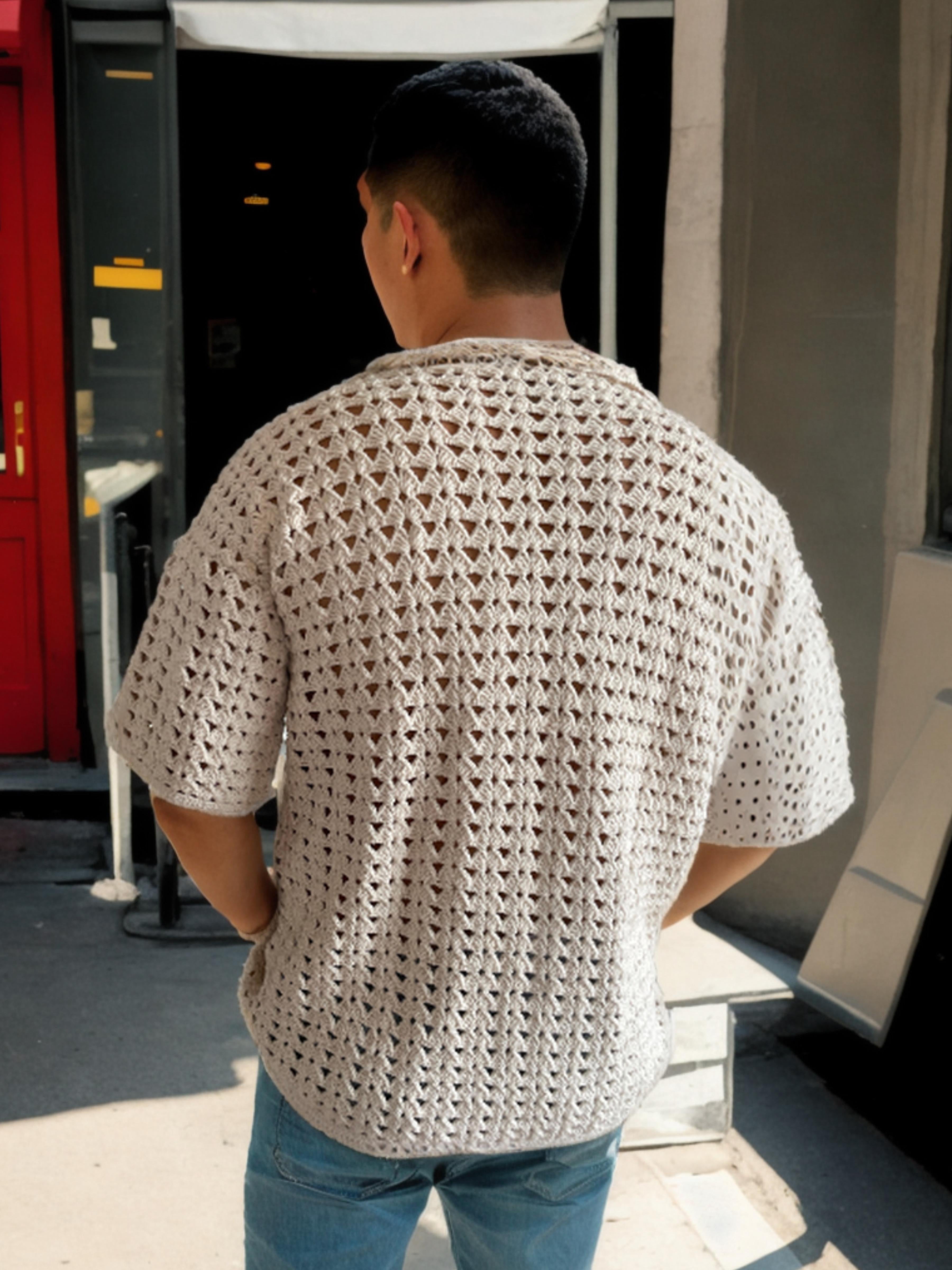 Handmade crochet Ivory Triangle Button Up Short Sleeve Shirt by Mon Crochet