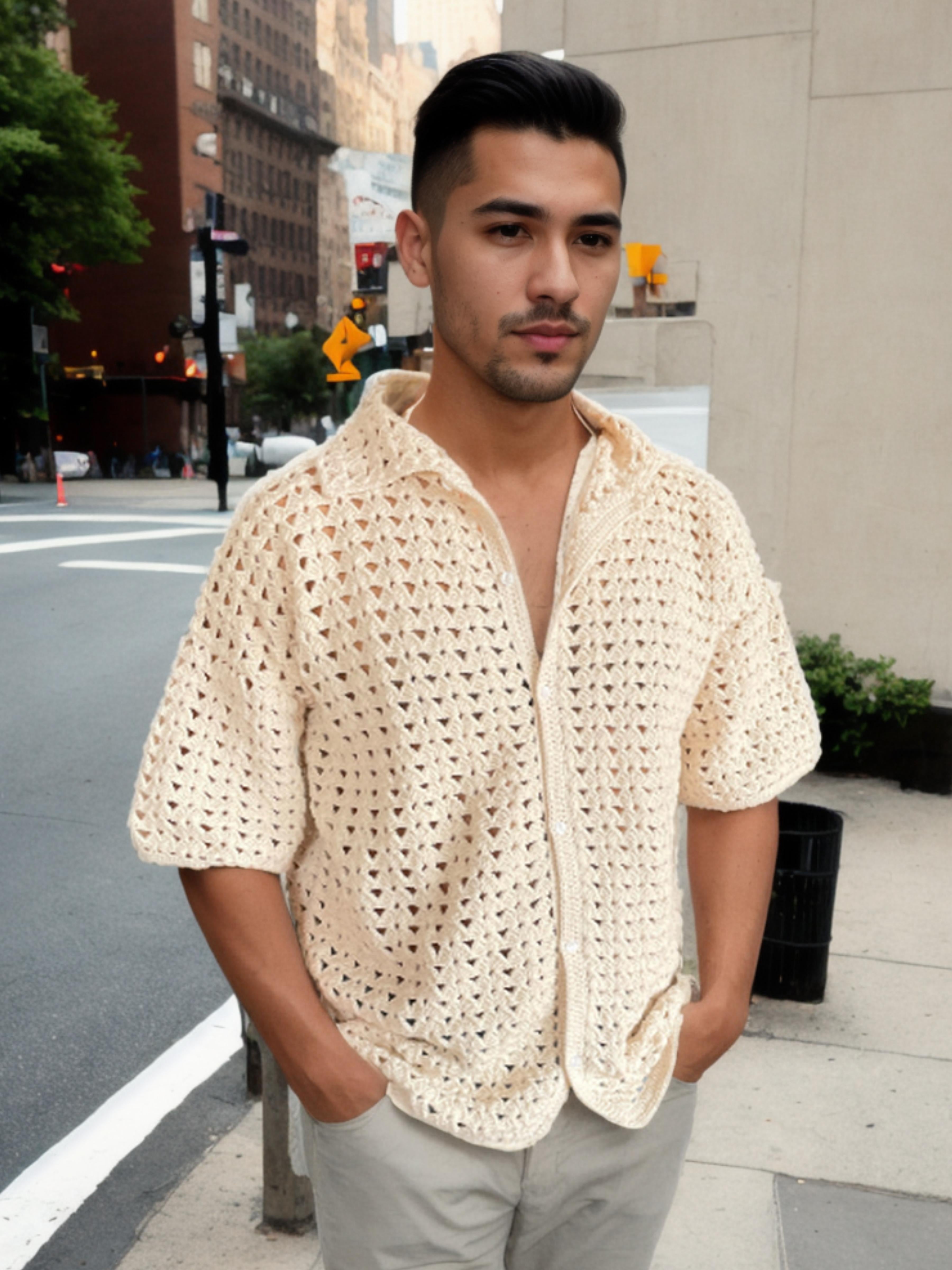 Handmade crochet Ivory Triangle Button Up Short Sleeve Shirt by Mon Crochet