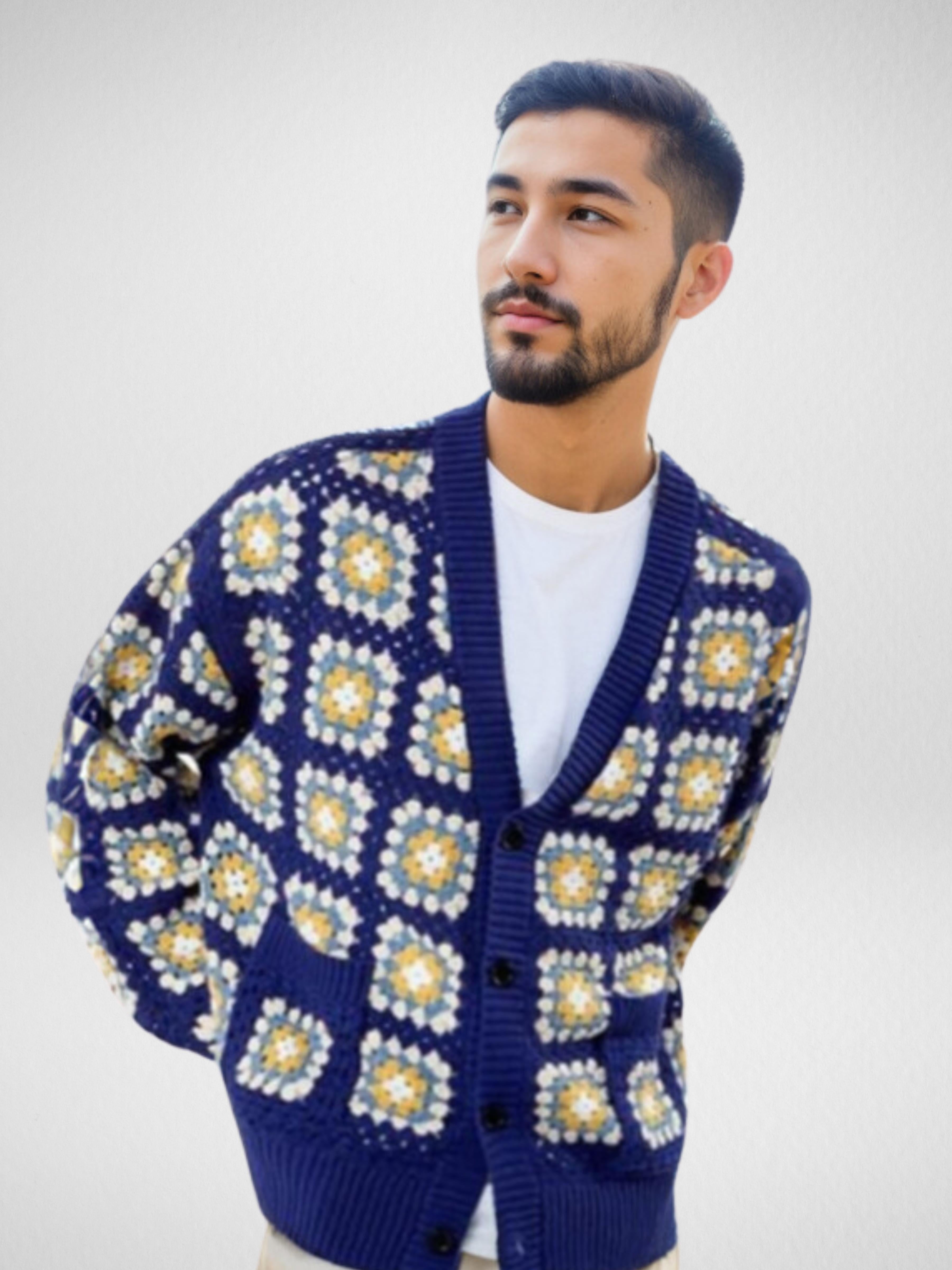 Handmade crochet Navy Blossom Granny Square Button Up Cardigan by Mon Crochet