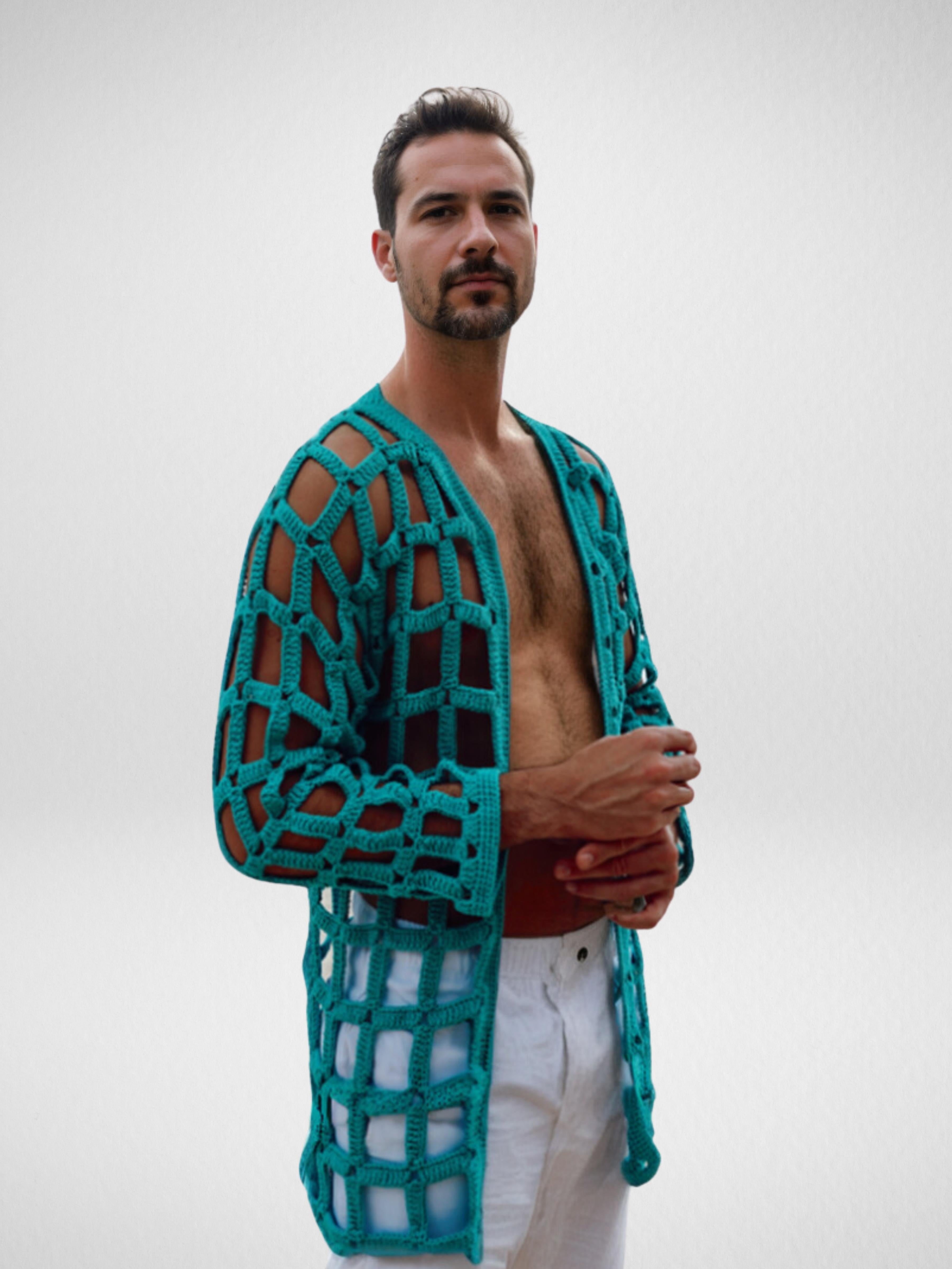 Handmade crochet Teal Mesh Weave Cardigan by Mon Crochet