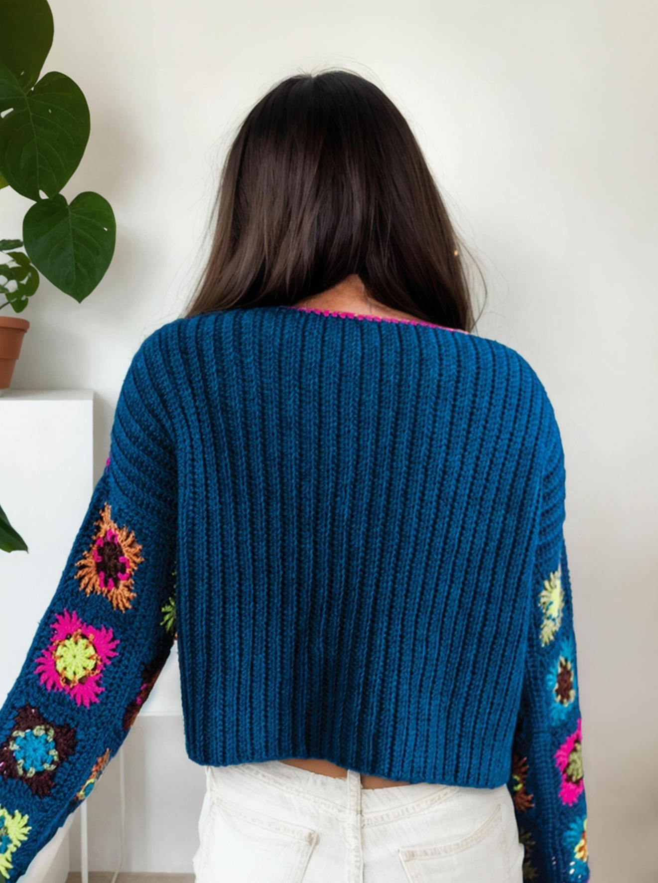 Raglan Ribbed Granny Square Sweater