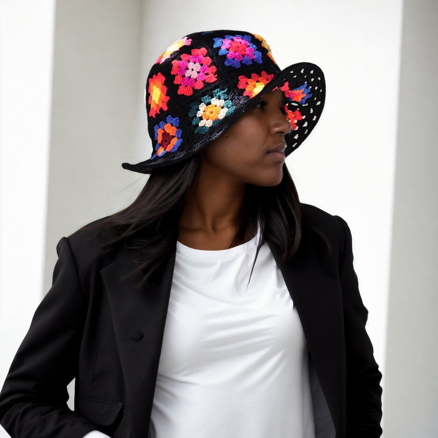 Noir Spectrum Granny Square Bucket Hat