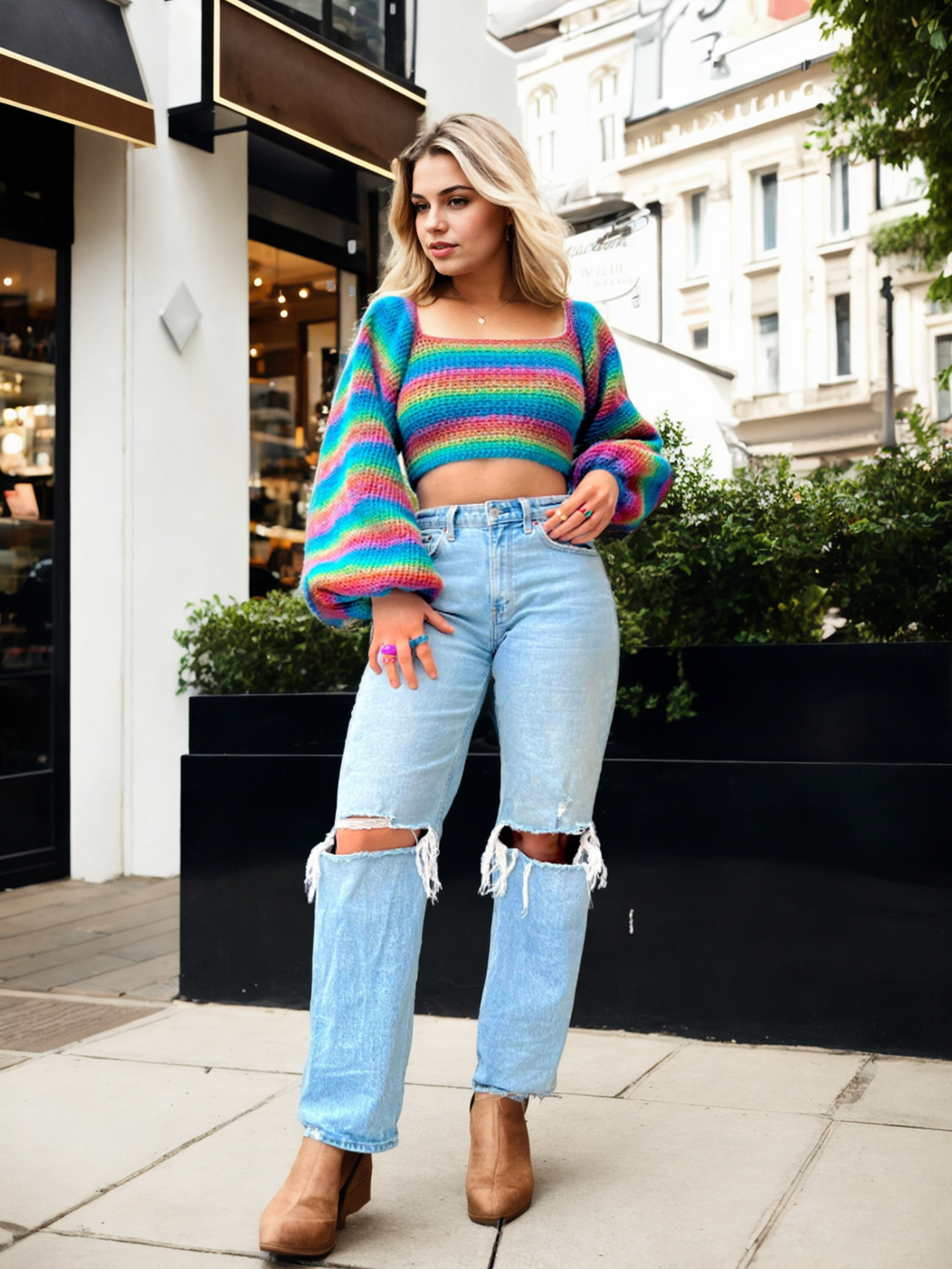 Rainbow Hug Balloon Sleeve Crop Top