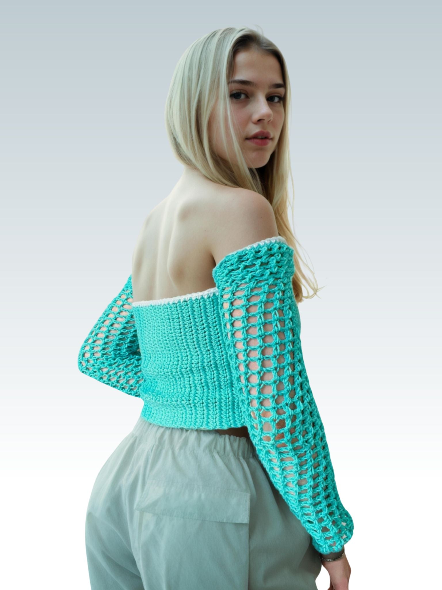 Aqua Lace Off-Shoulder Crop Top