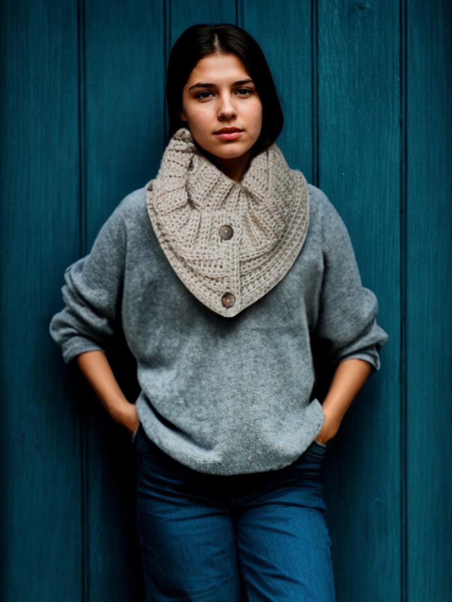 Beige Buttoned Cowl