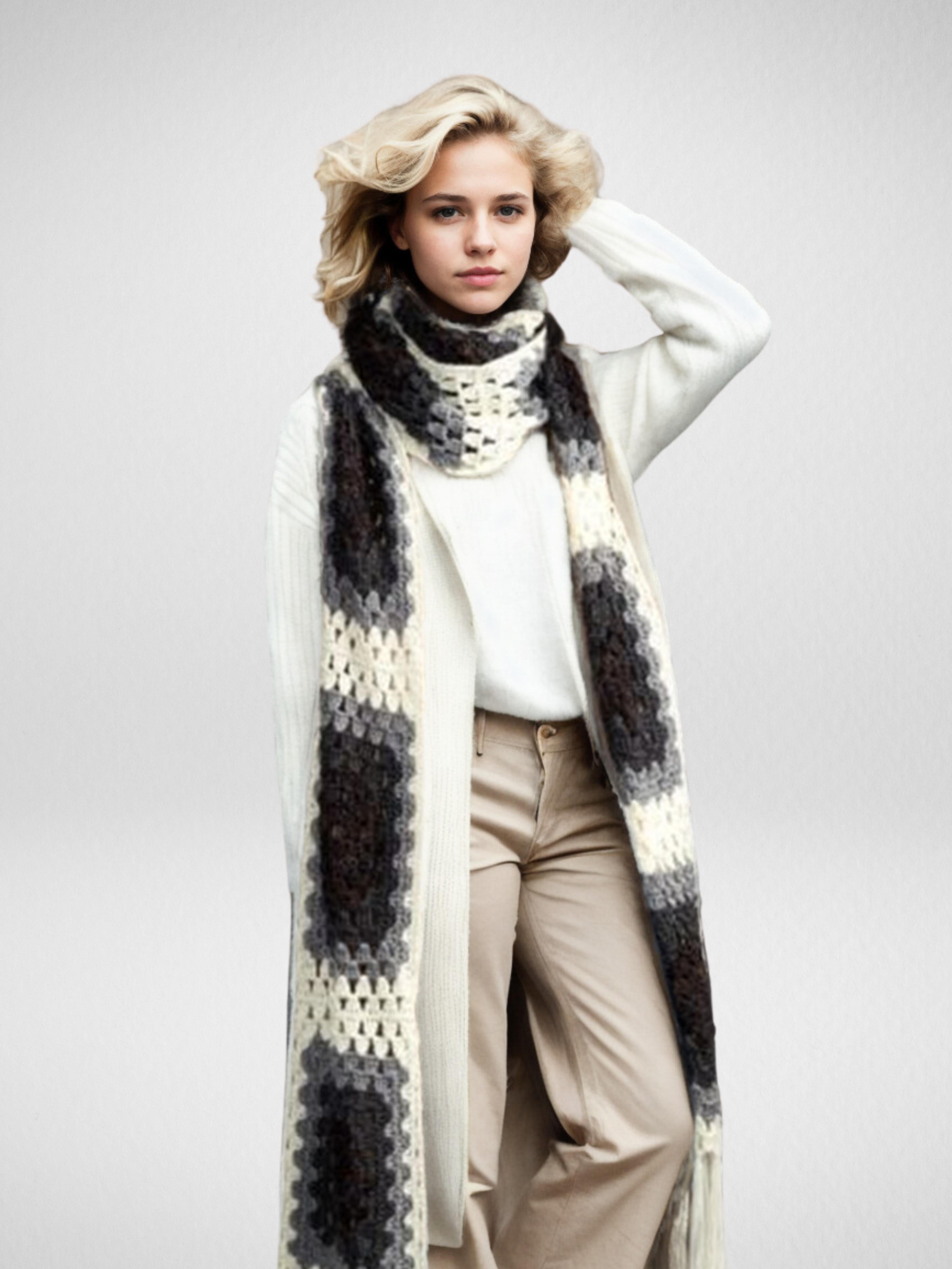 Monochrome Granny Square Scarf