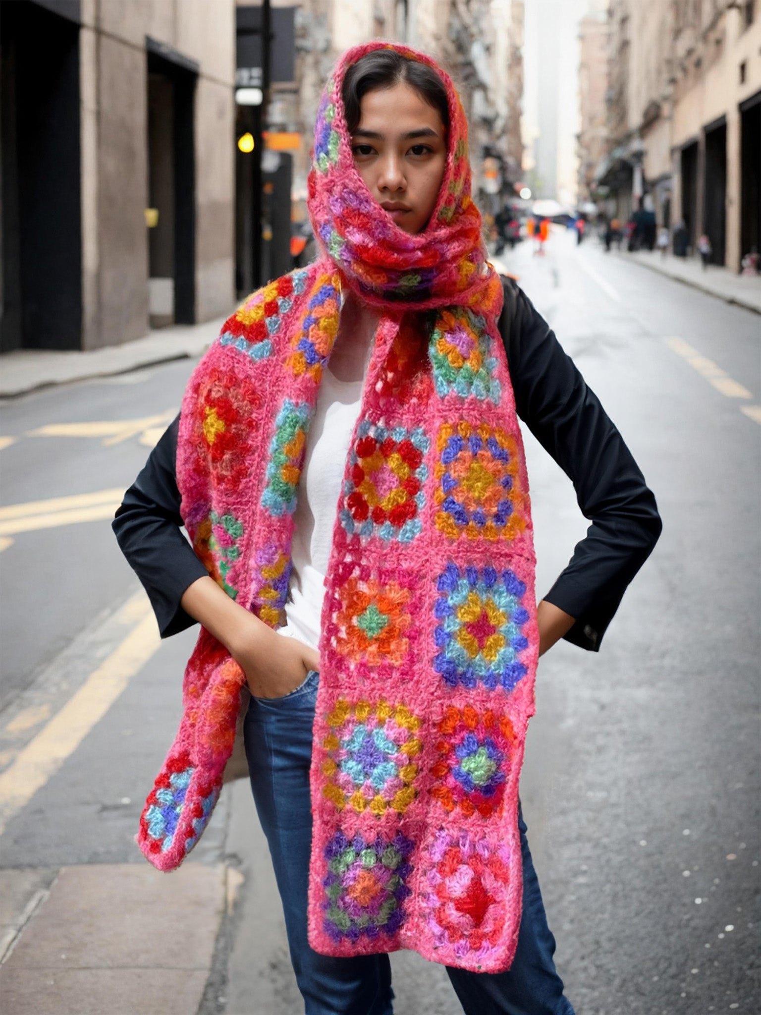 Pink Blossom Granny Patch Scarf