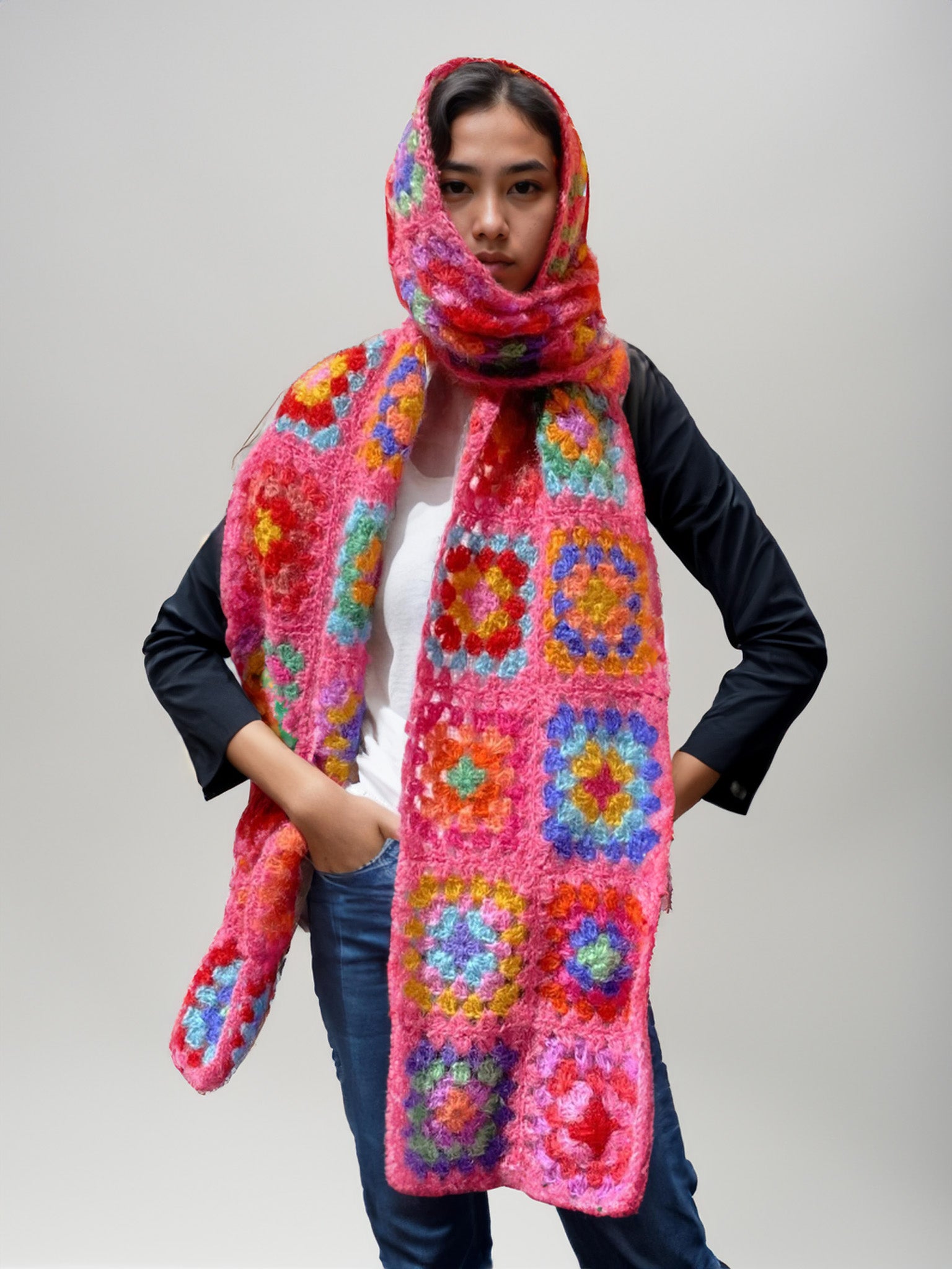 Pink Blossom Granny Patch Scarf