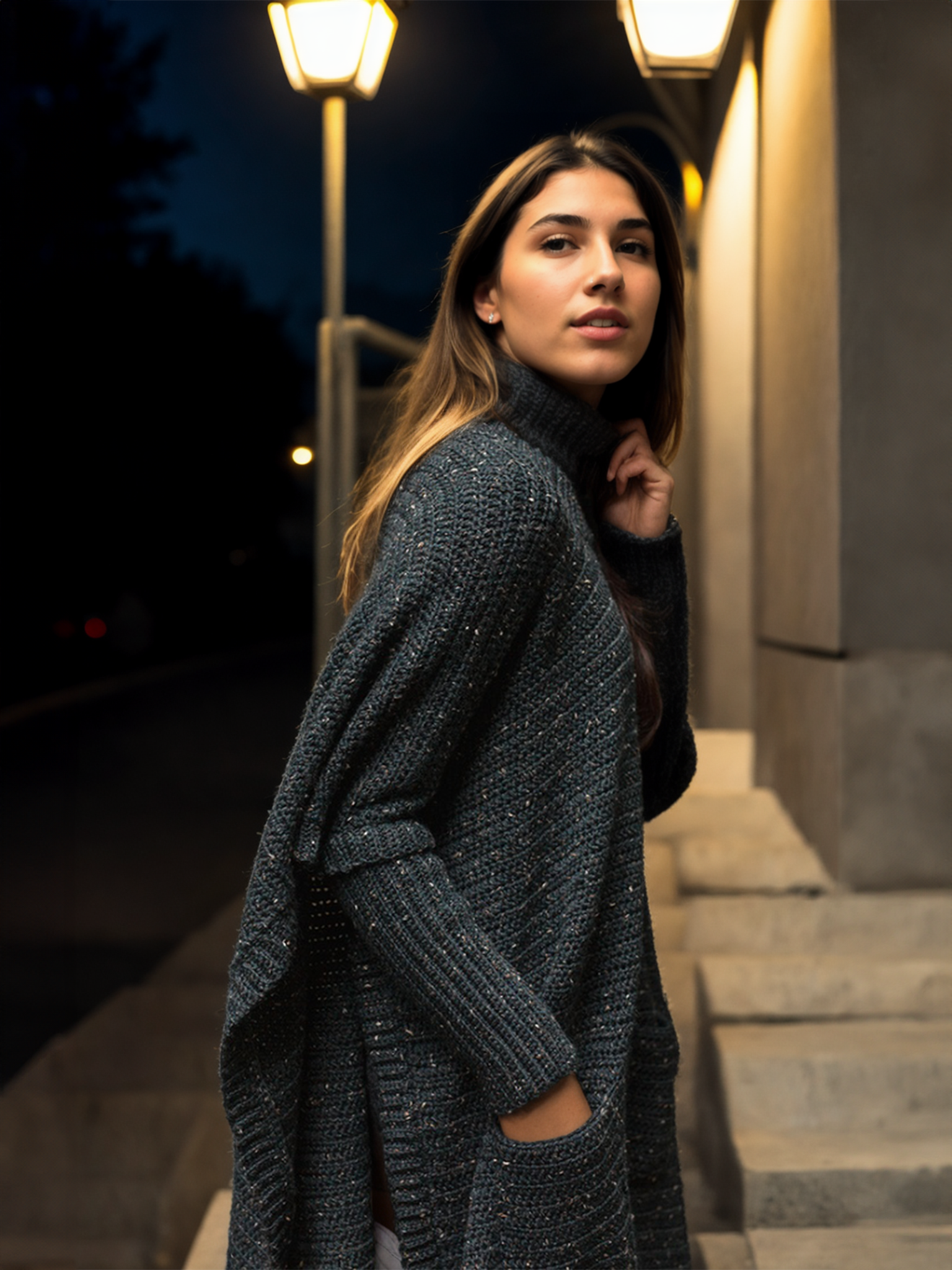 Forest Tweed Pocketed Poncho