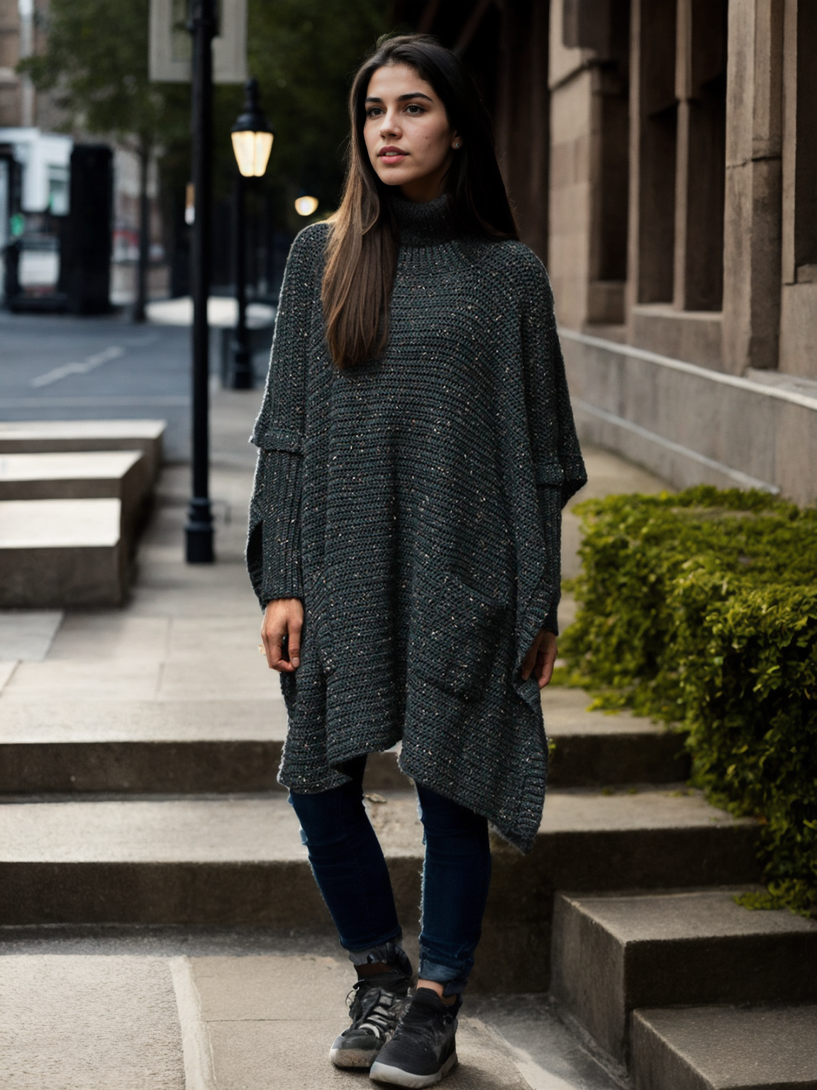 Forest Tweed Pocketed Poncho