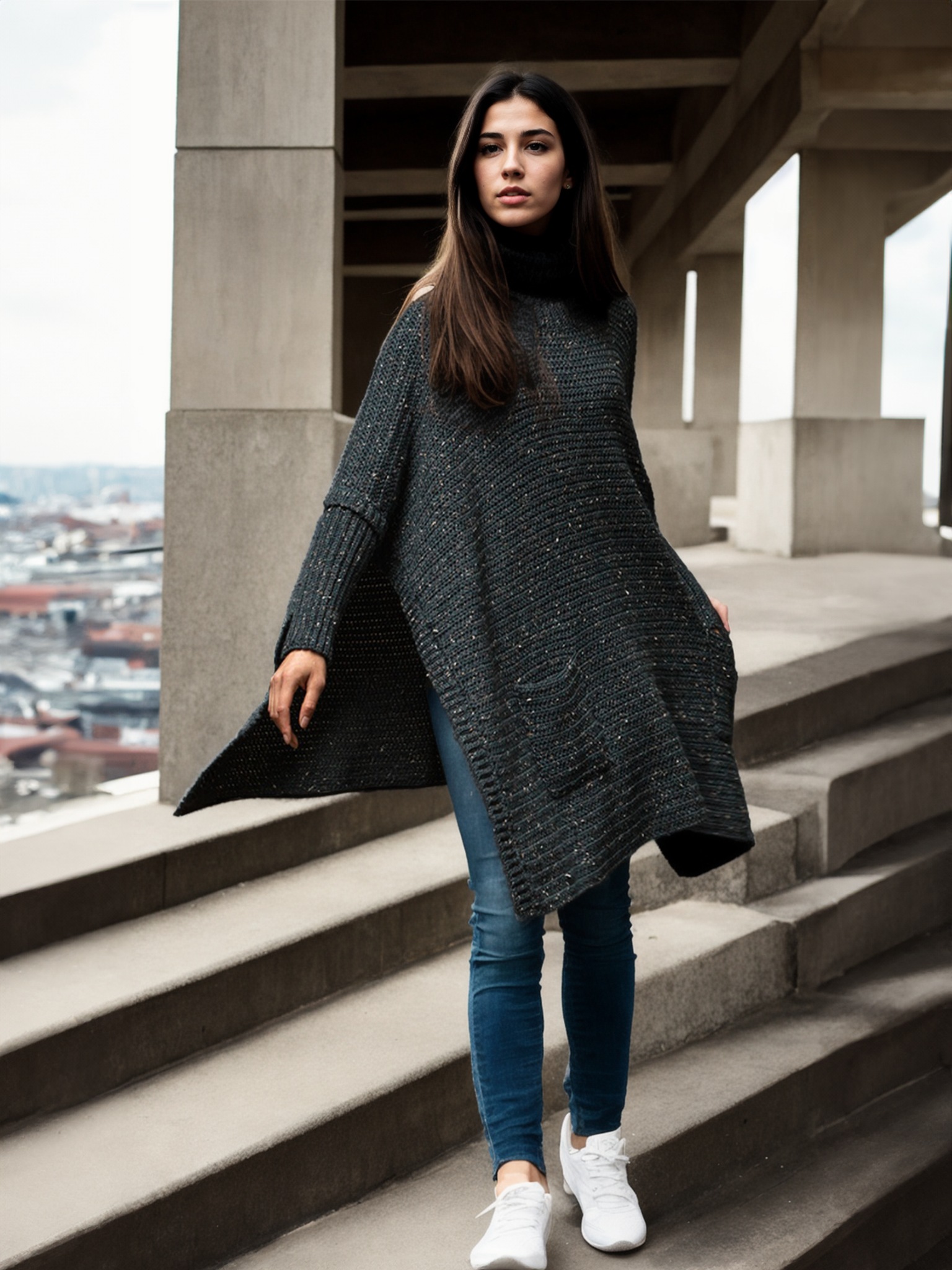 Forest Tweed Pocketed Poncho