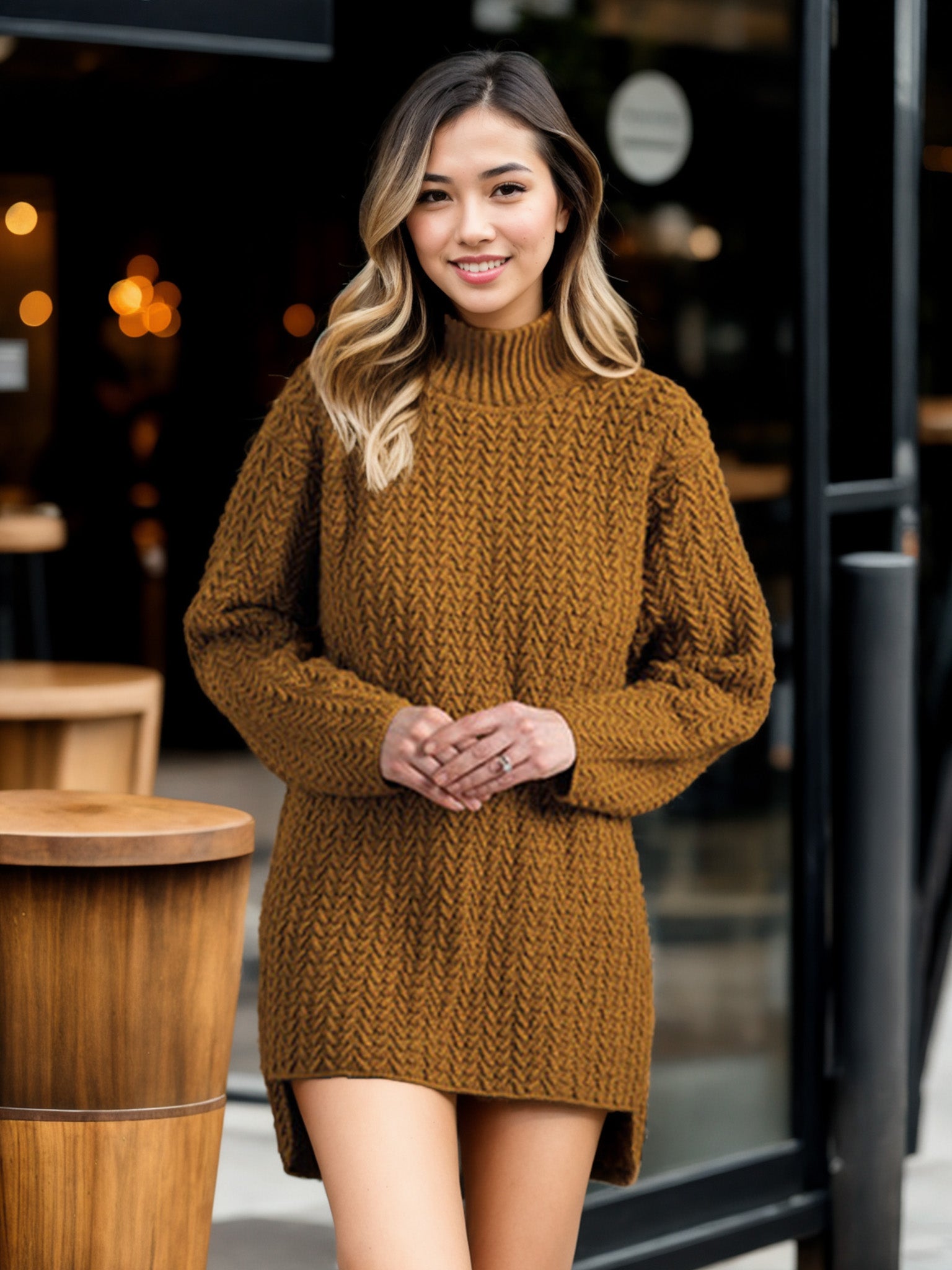 Herringbone Turtleneck Tunic Sweater