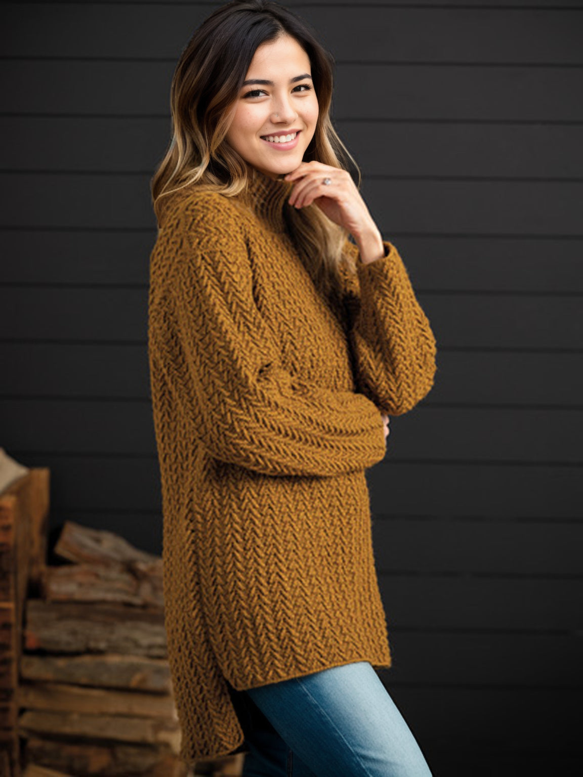 Herringbone Turtleneck Tunic Sweater