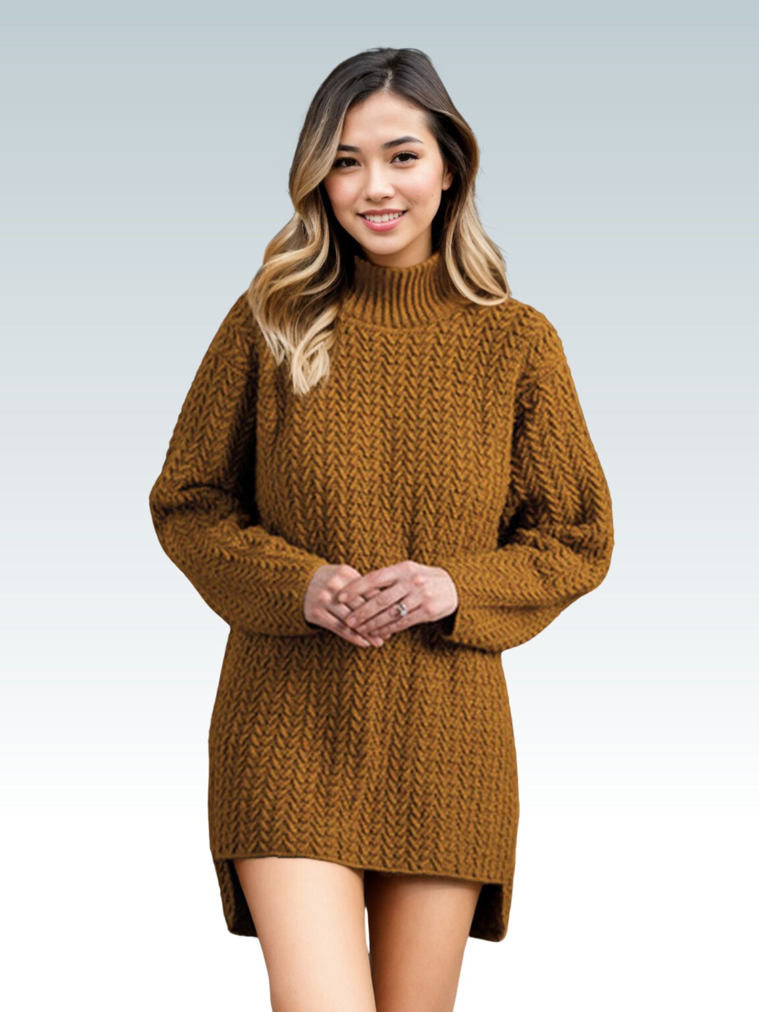 Herringbone Turtleneck Tunic Sweater