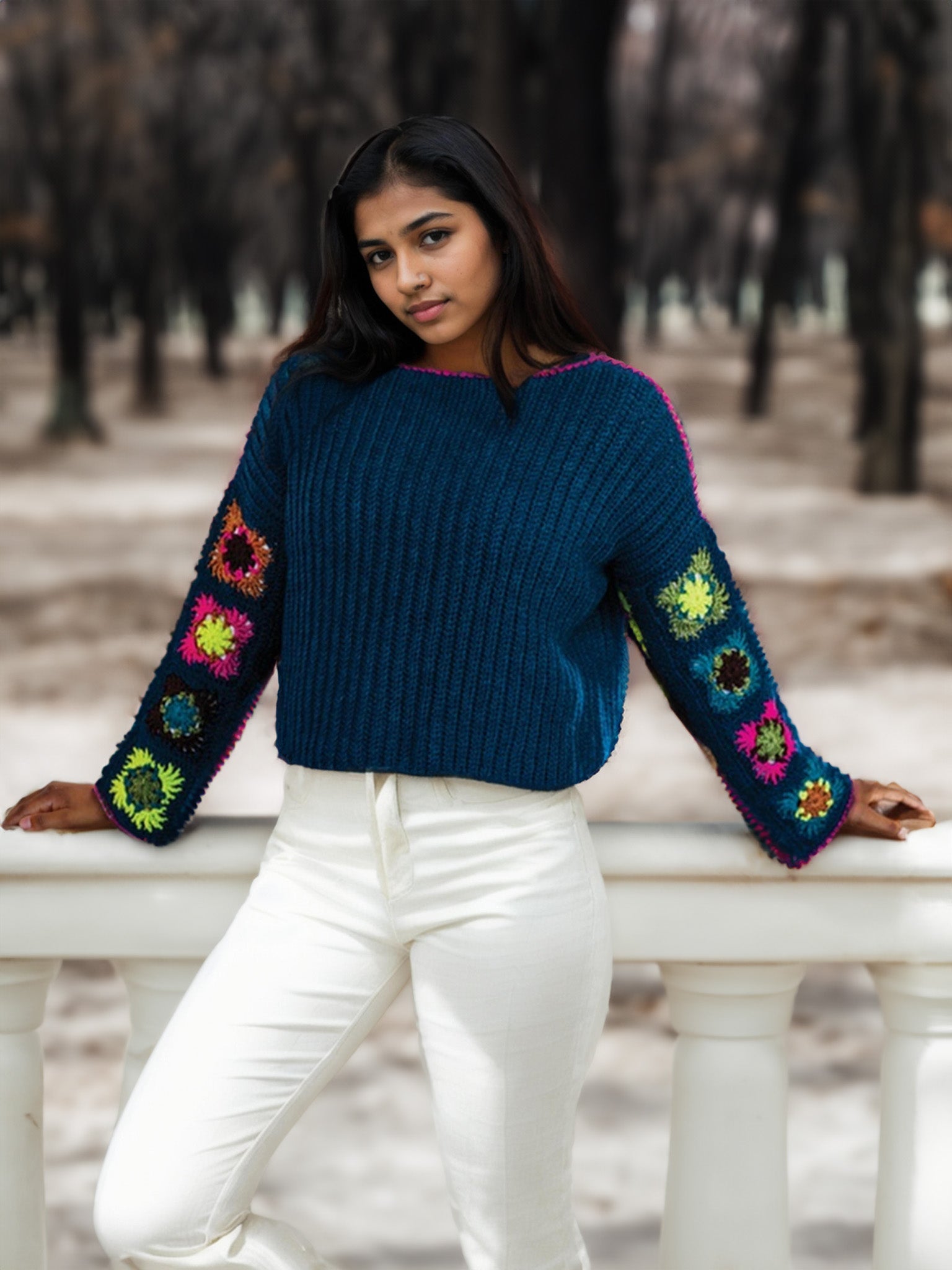 Raglan Ribbed Granny Square Sweater