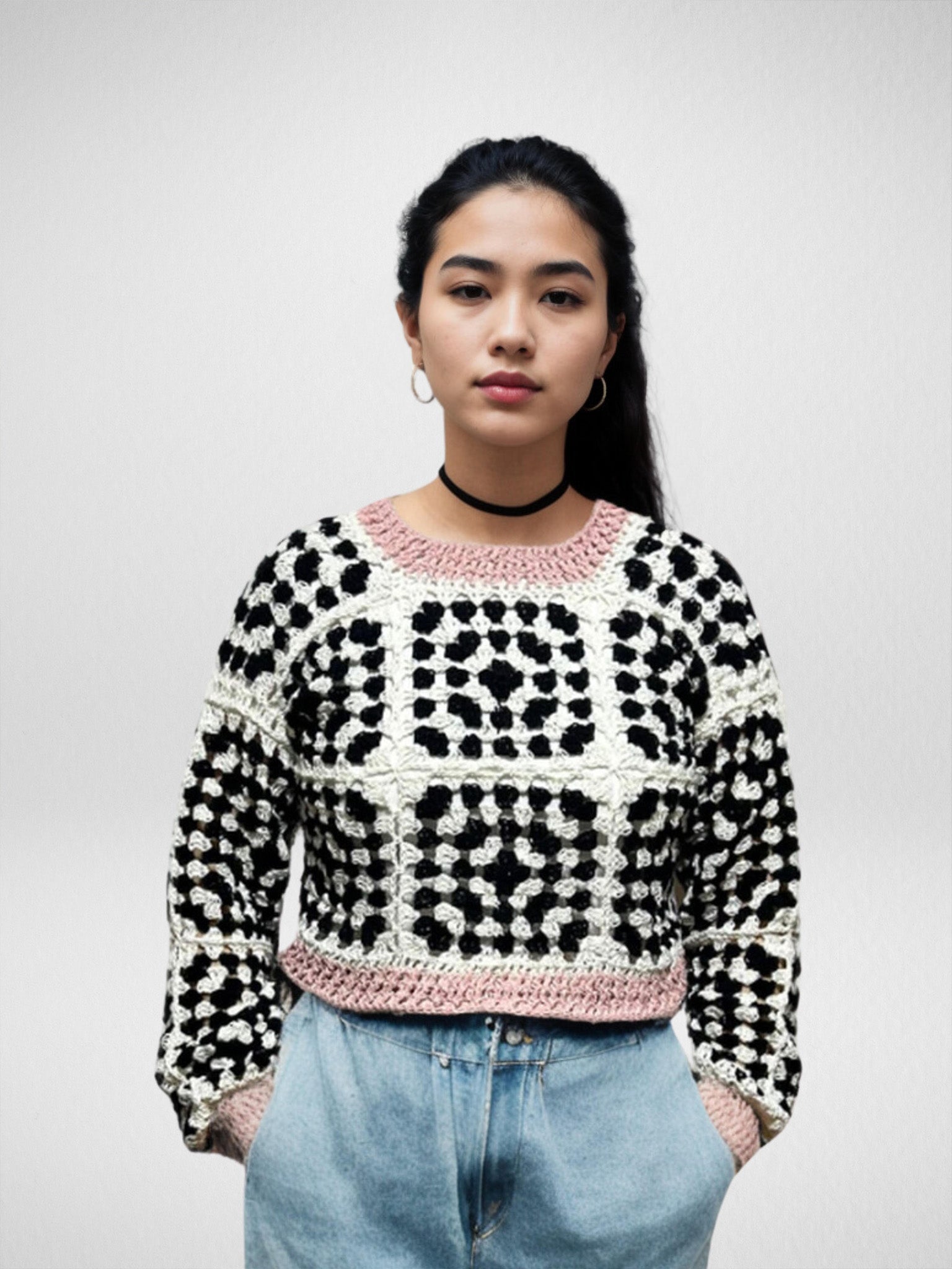 Black White Square Pink Trim Sweater