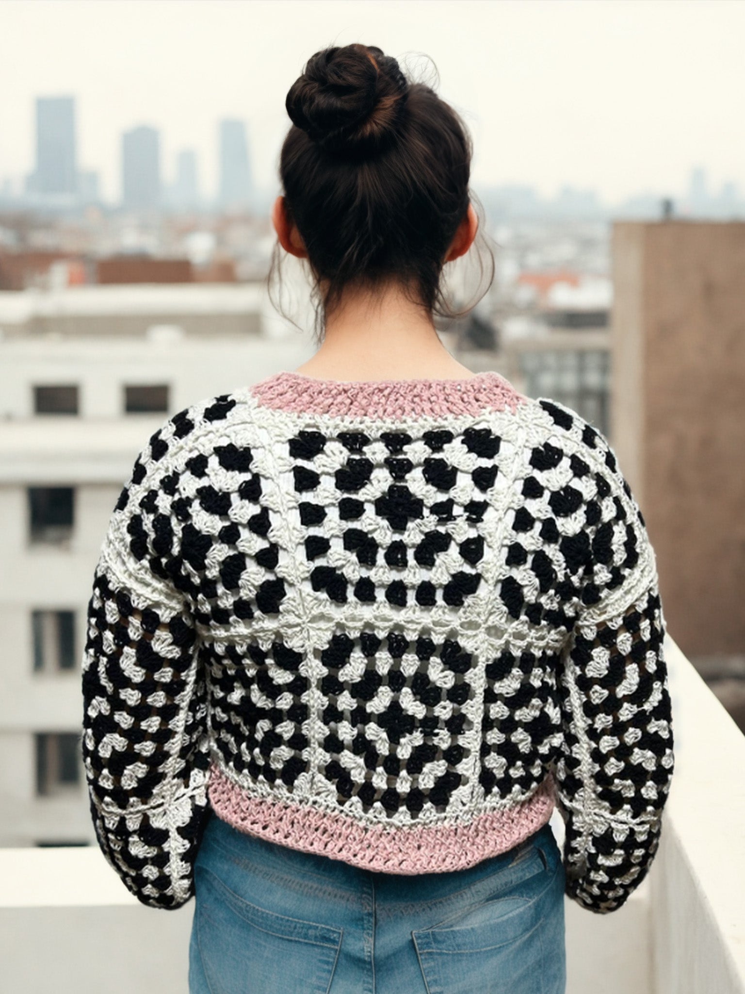 Black & White Square Pink-Trim Sweater