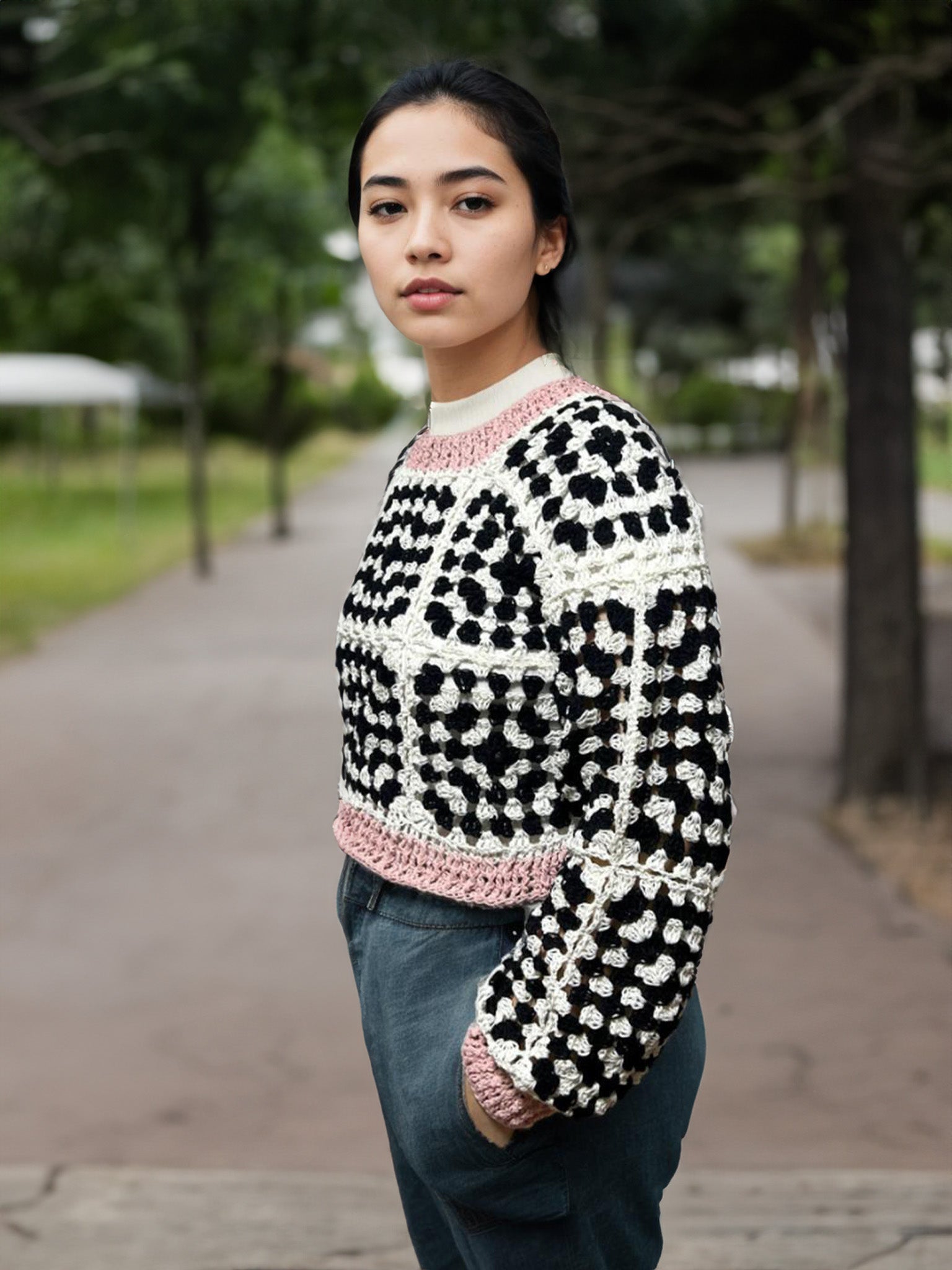 Black & White Square Pink-Trim Sweater