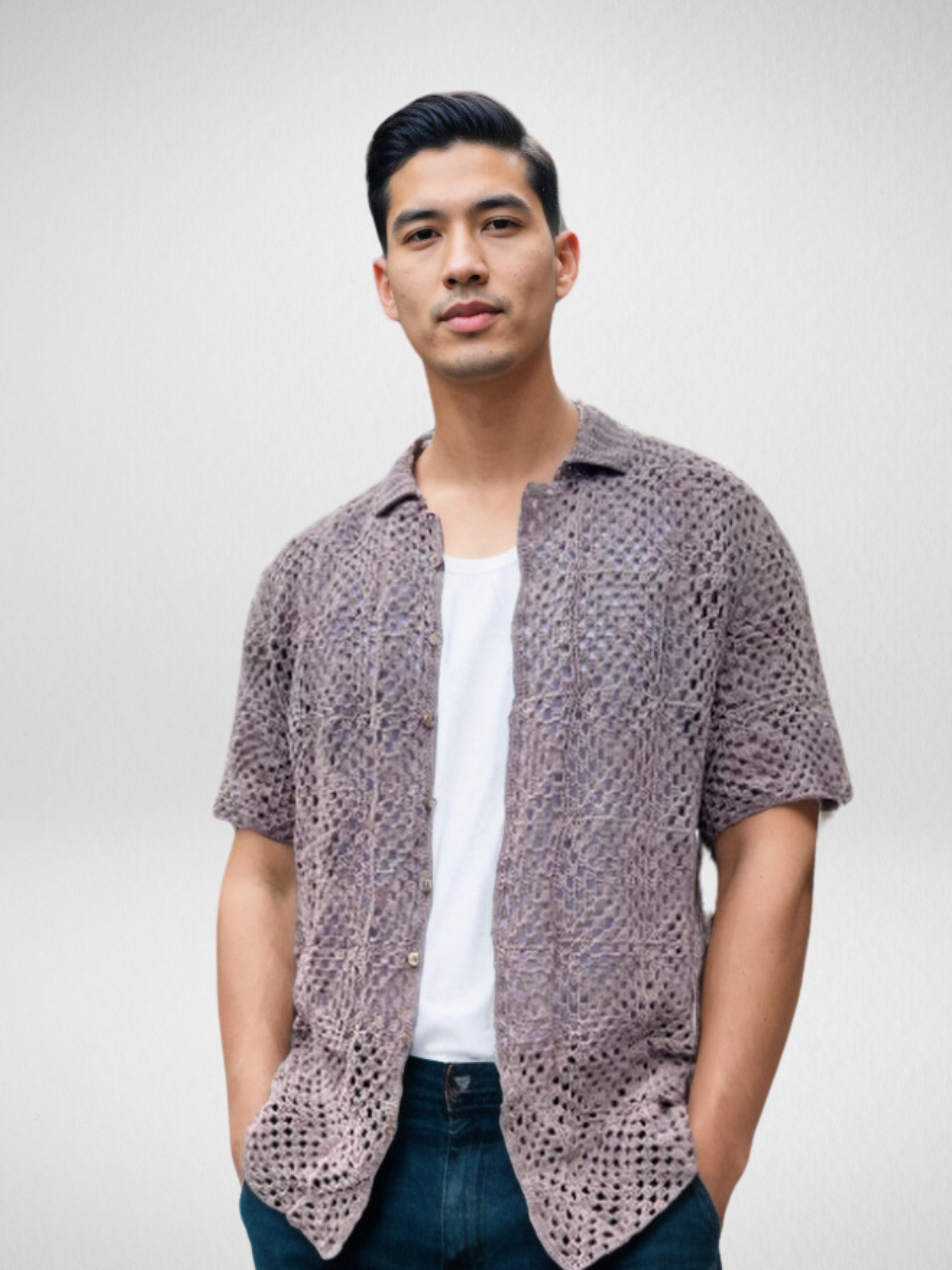 Taupe Mesh Square Button Up Short Sleeve Shirt
