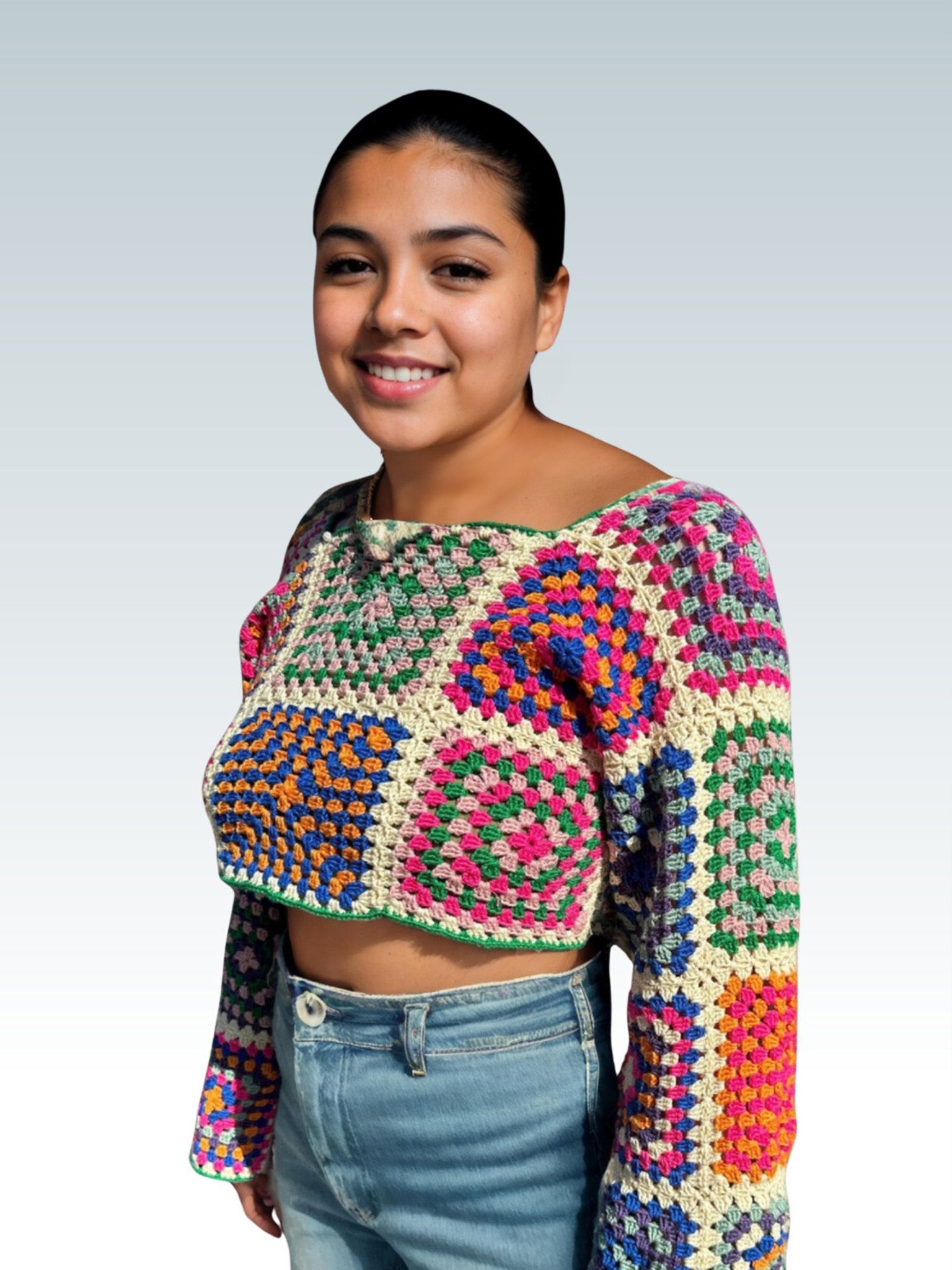 Eclectic Squares Bell Sleeve Crop Top