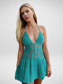 Cyan Halter Tie-Bank Short/Mini Dress