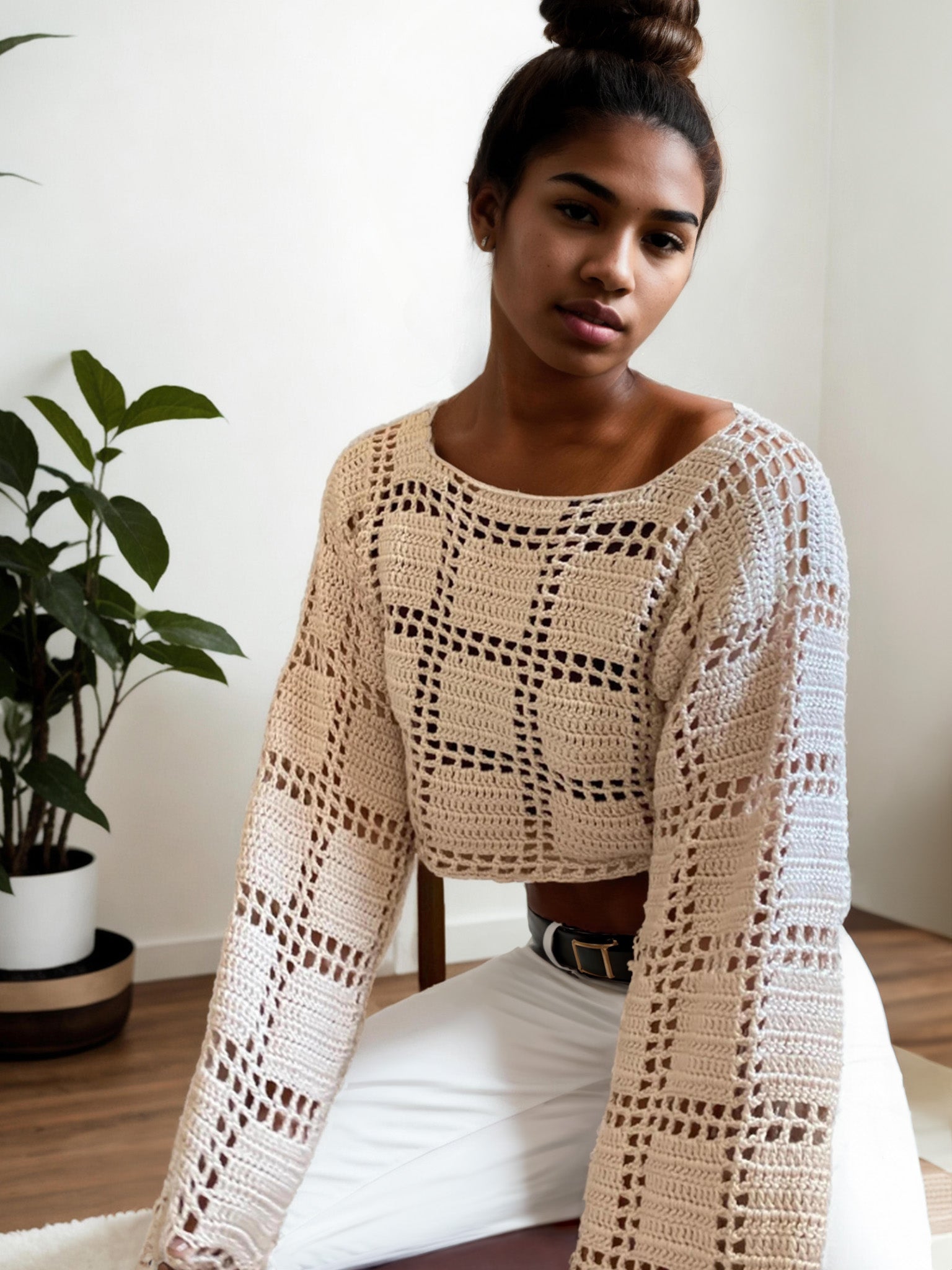 Ivory Lattice Gridwork Sweater